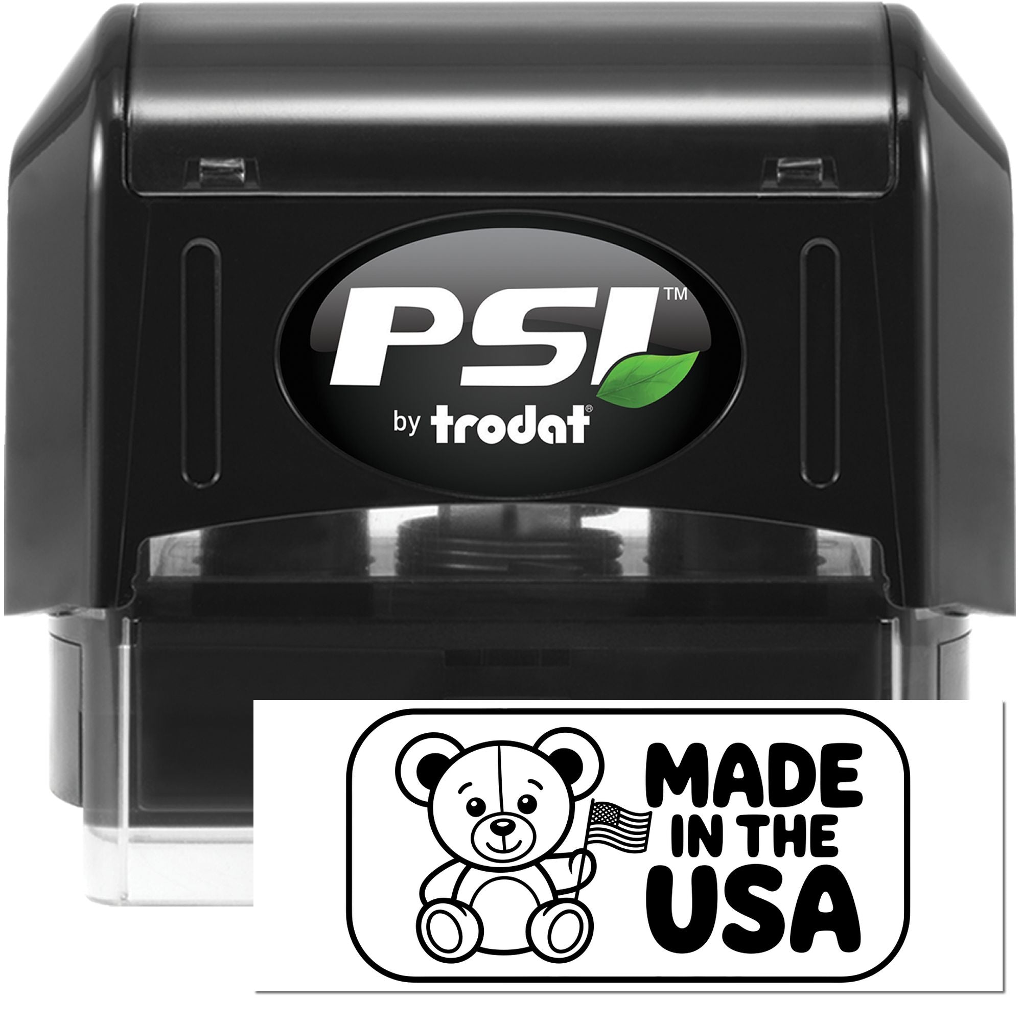 PSI by Trodat self-inking rubber stamp with custom Made in the USA bear design for product branding and packaging