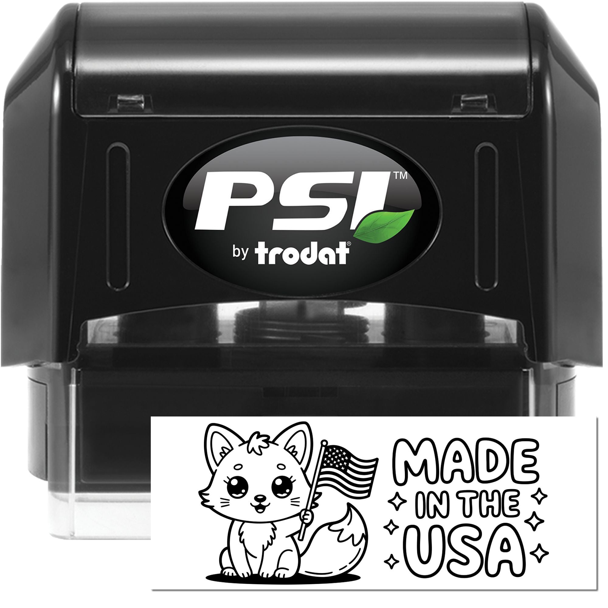 PSI by Trodat custom self-inking rubber stamp with Made in the USA fox design for patriotic crafts and branding