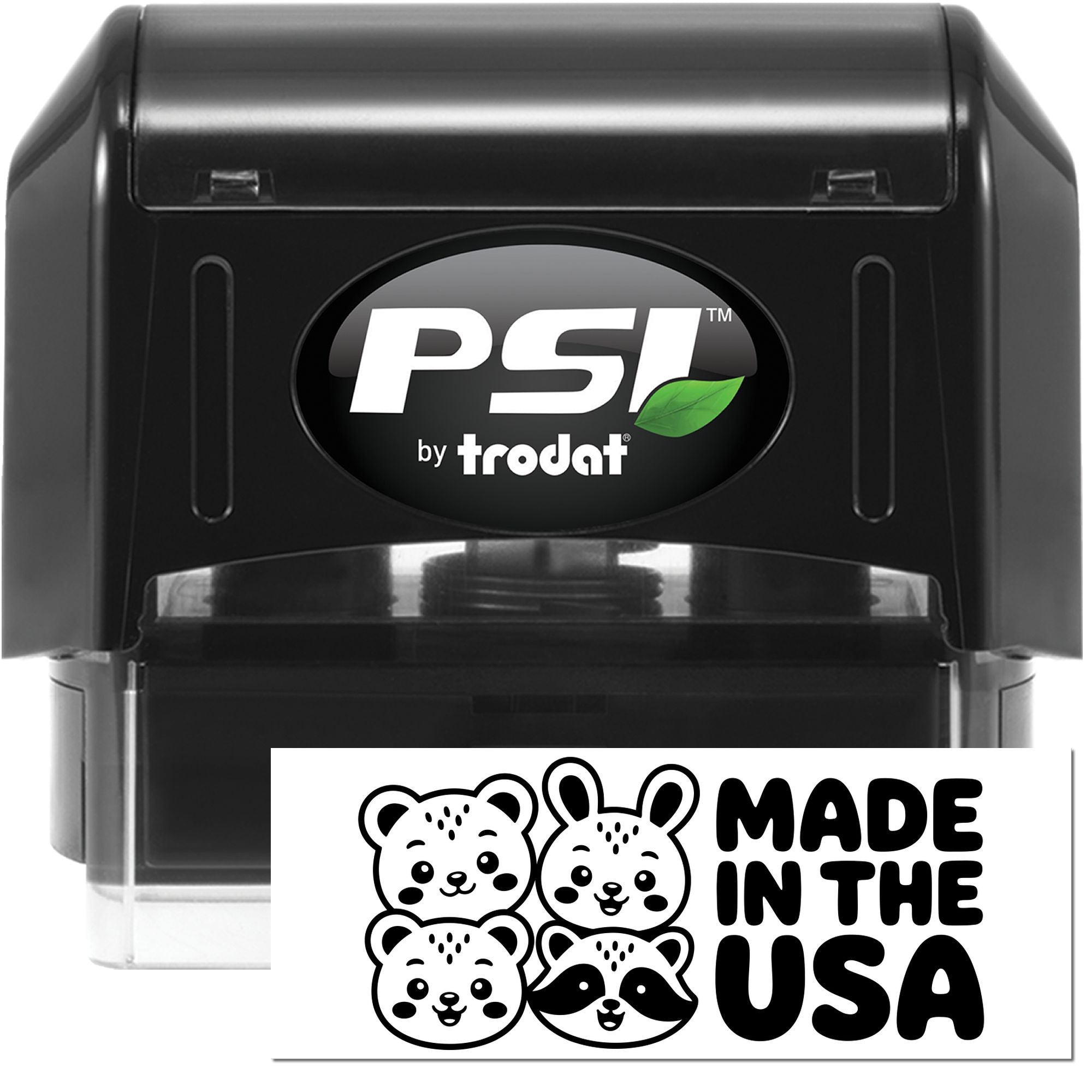 PSI by Trodat self-inking rubber stamp with Made in the USA design and cute animal icons for custom branding.