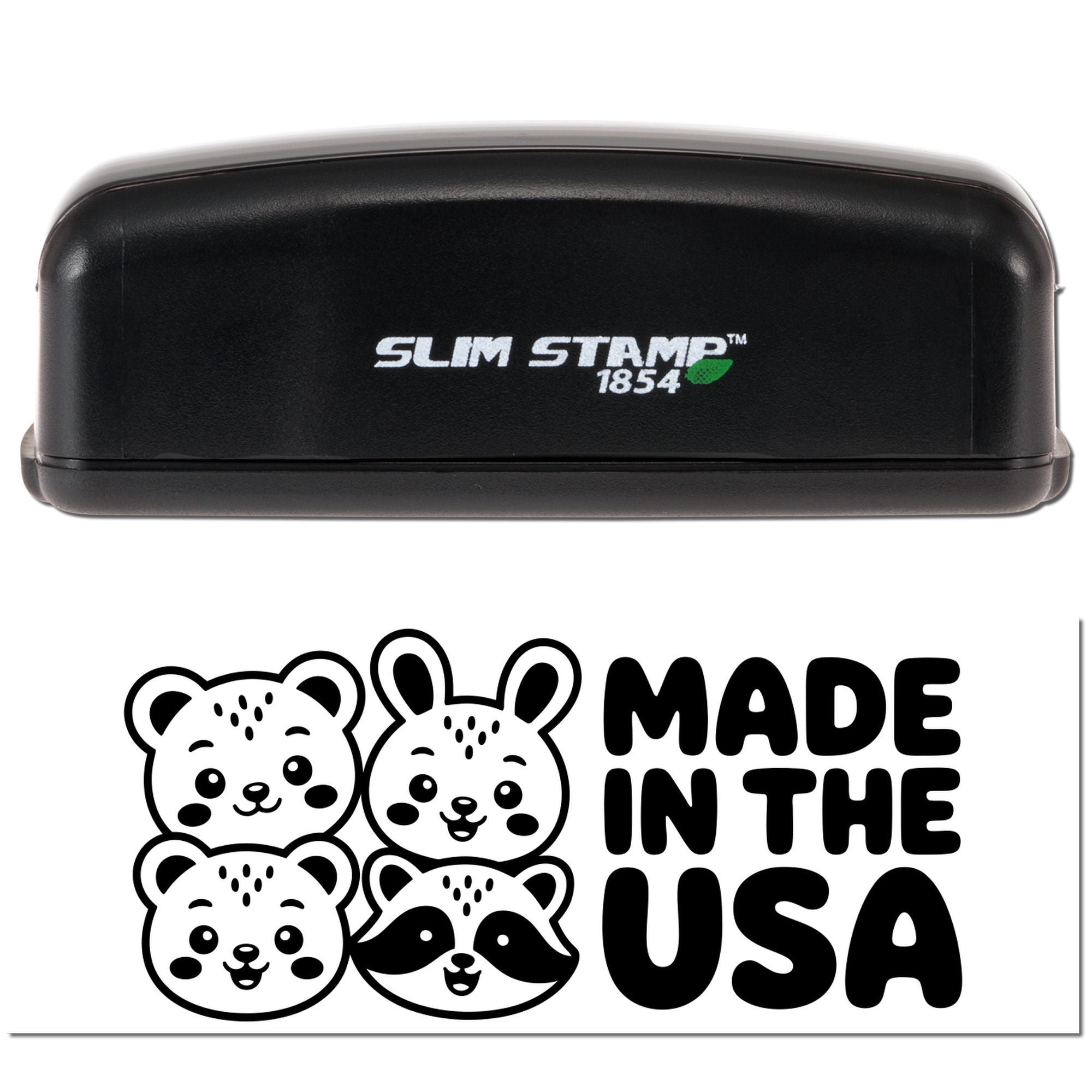 Slim Stamp 1854 custom rubber stamp with Made in the USA design and cute animal faces for branded craft stamping.