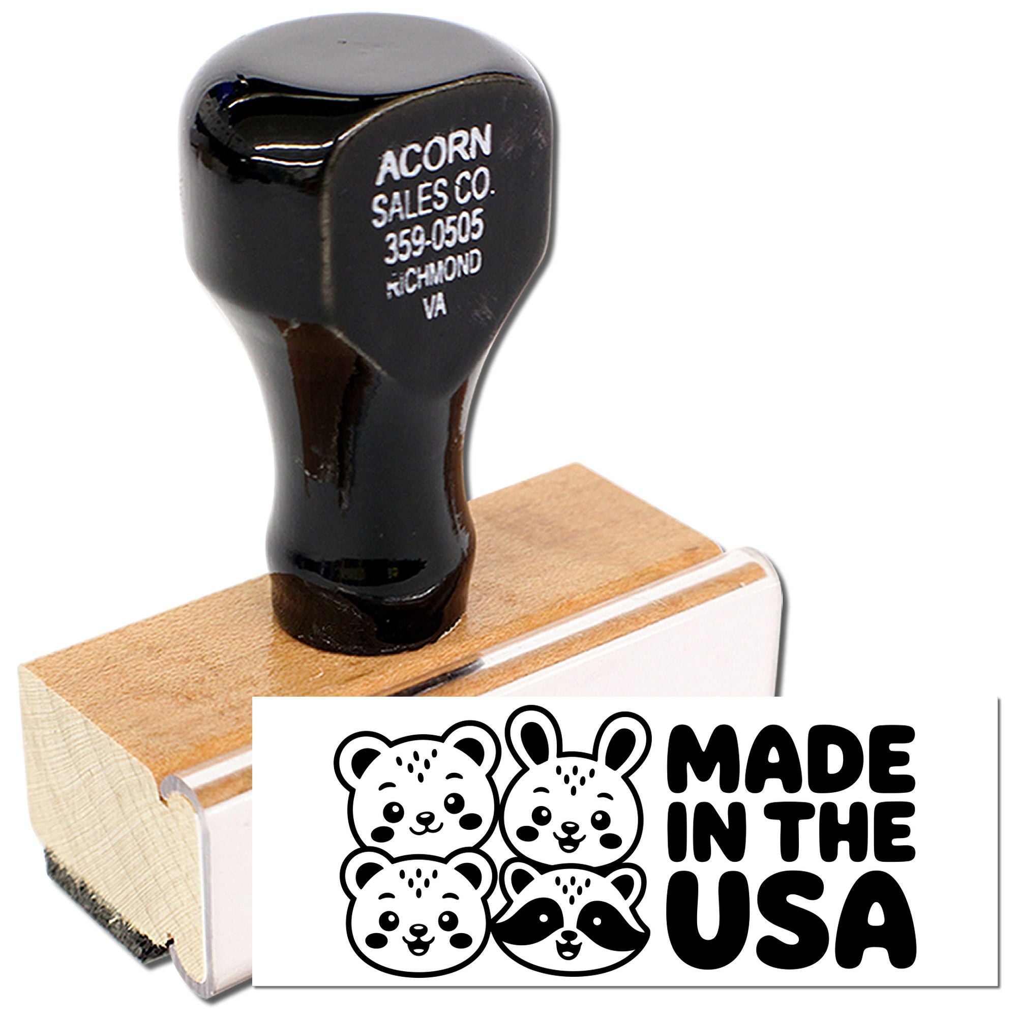 Custom wooden rubber stamp with Made in the USA design and cute animal logo for product branding.
