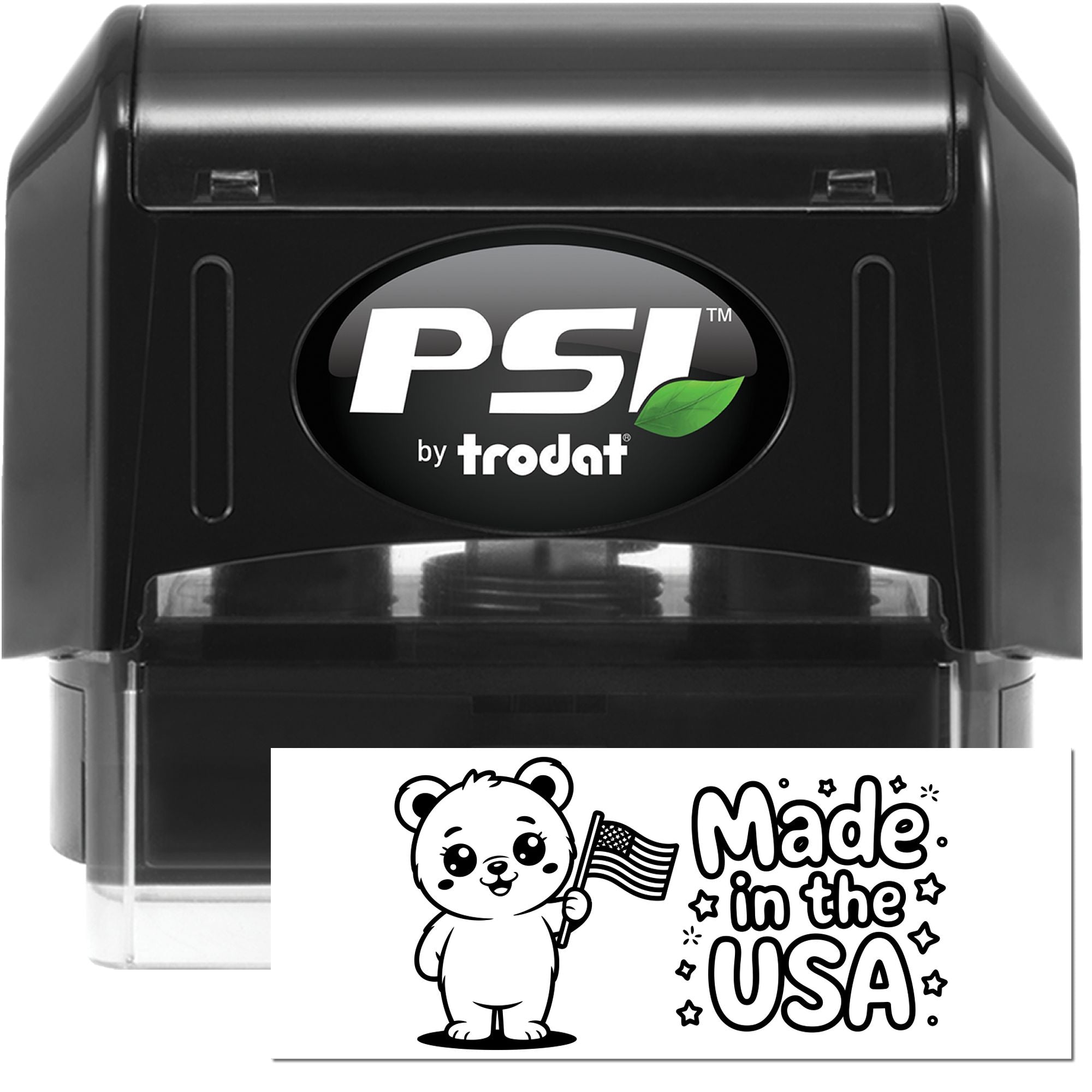 PSI by Trodat self-inking rubber stamp with custom Made in the USA bear design for patriotic business and product marking.