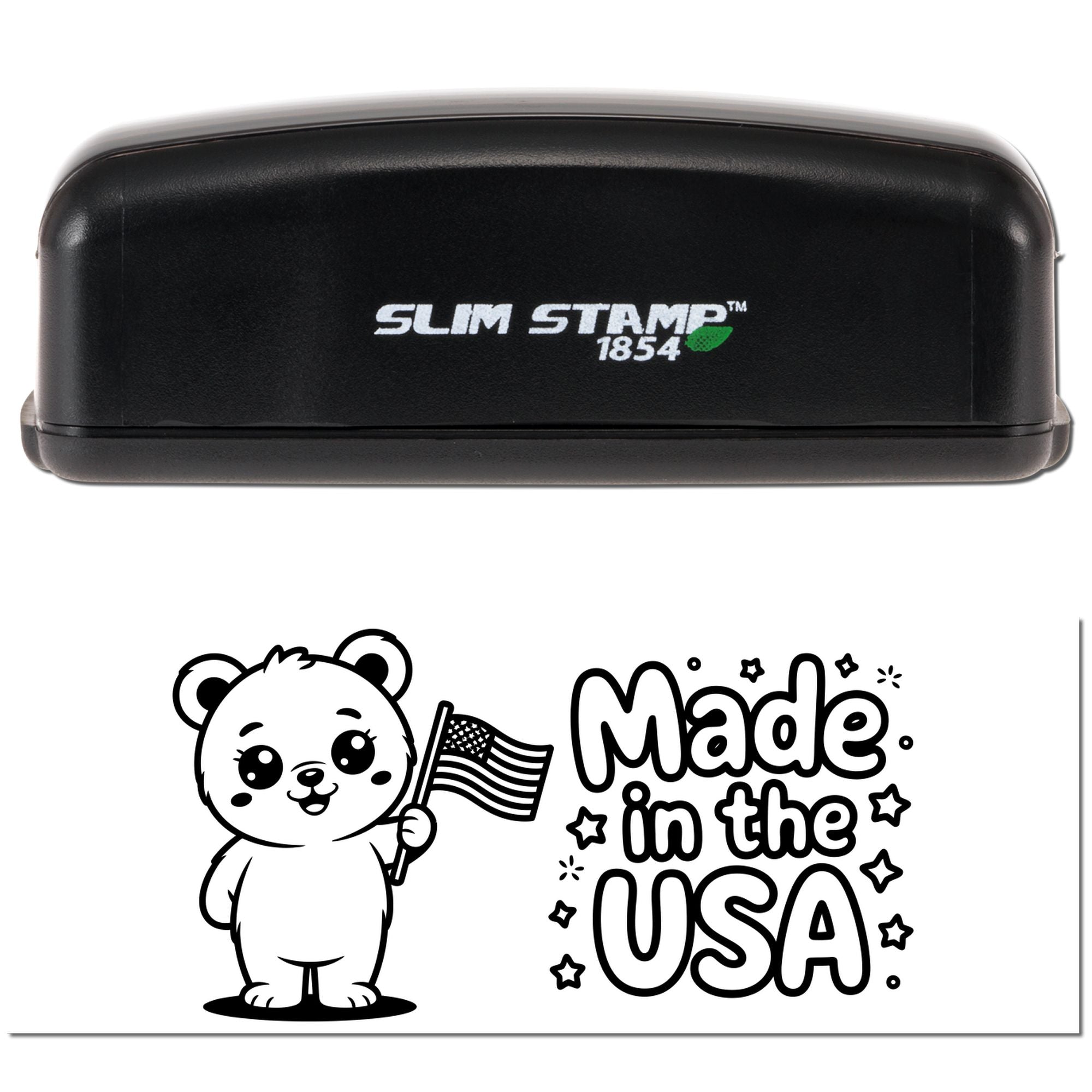 Slim Stamp 1854 self-inking rubber stamp with cute bear and American flag, featuring a Made in the USA design.