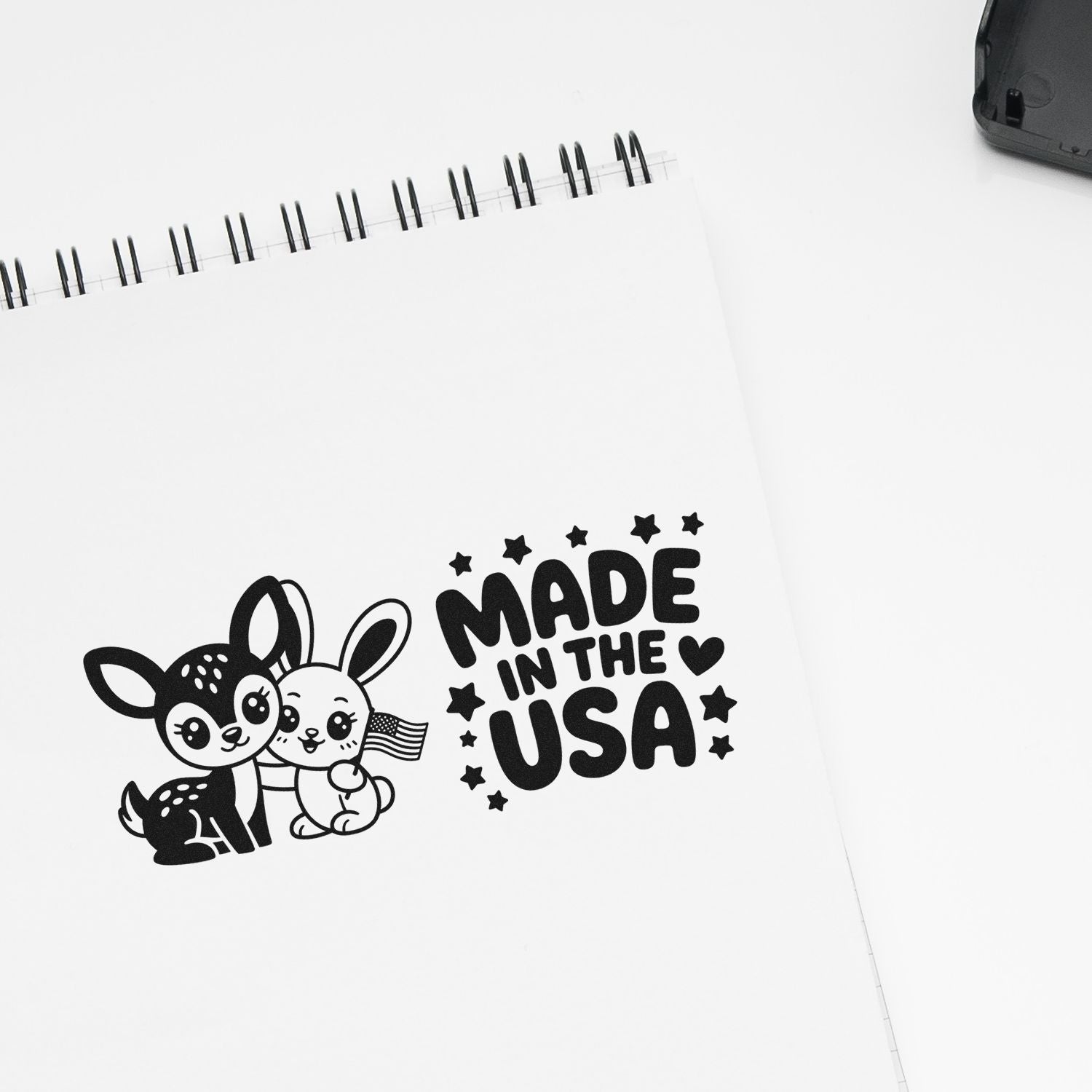 Made in the USA rubber stamp featuring cute deer and bunny design for patriotic crafts and packaging.
