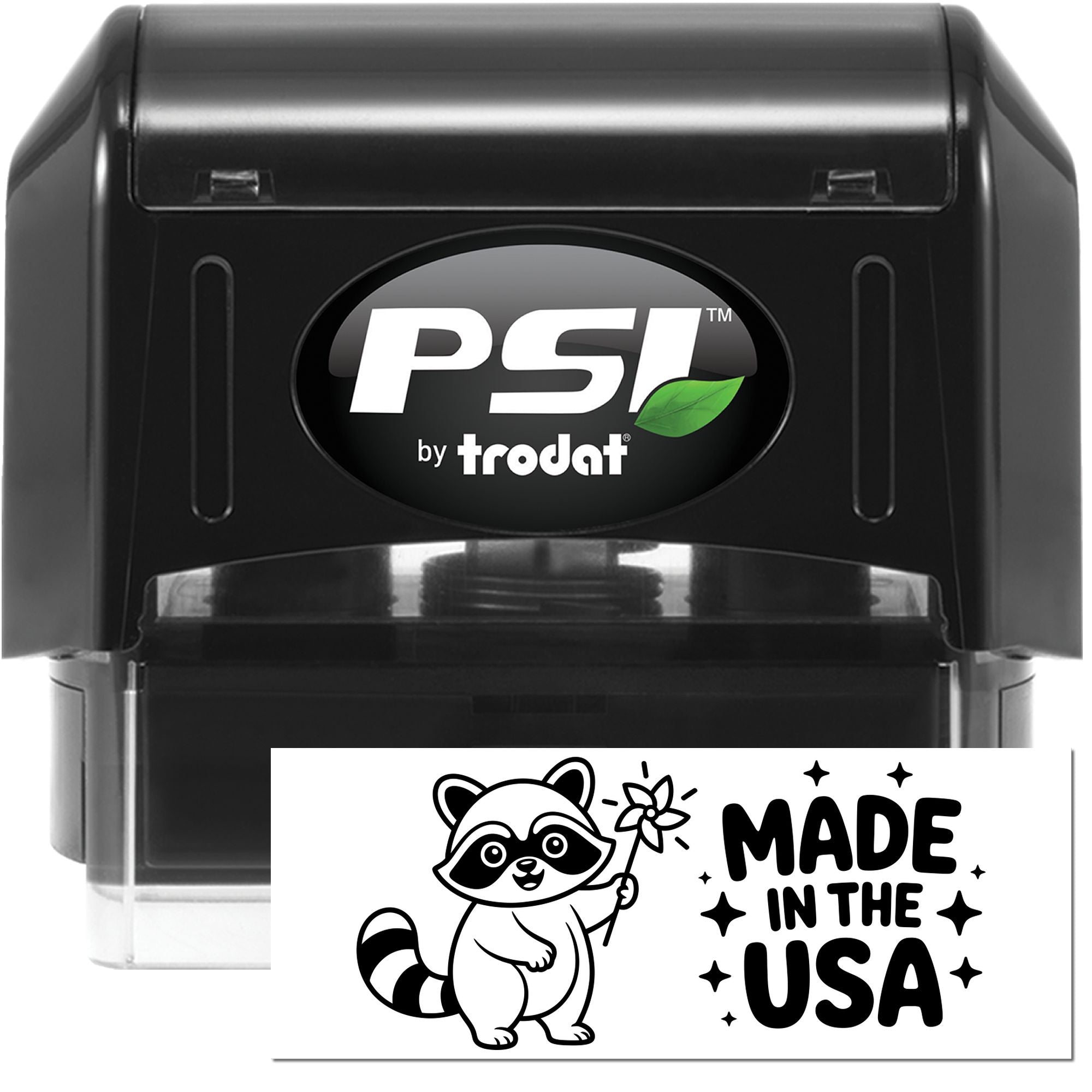 PSI by Trodat self-inking rubber stamp with custom Made in the USA raccoon design for branding and packaging.