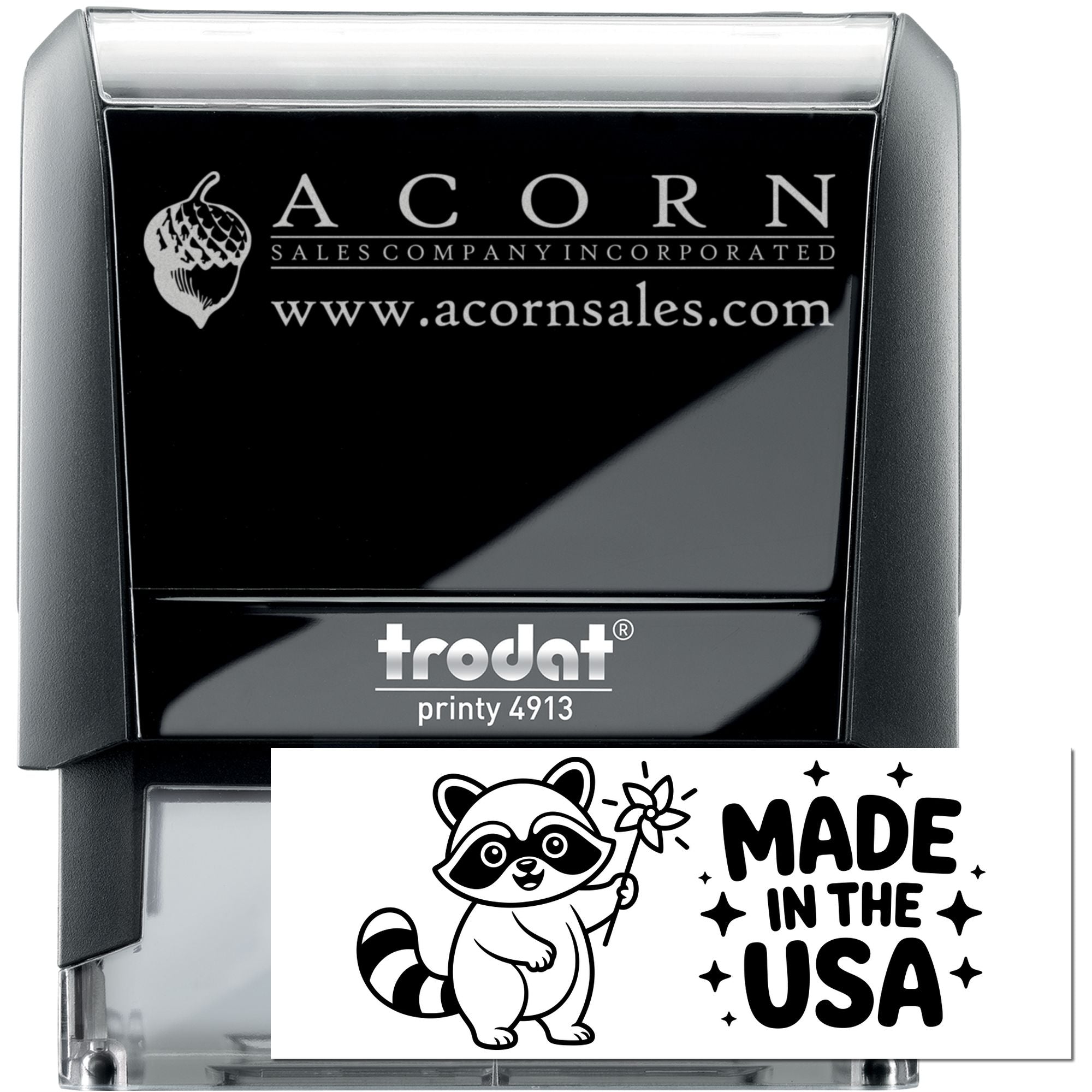 Custom Trodat Printy 4913 self-inking rubber stamp with Acorn Sales Company logo, website, and Made in the USA design.