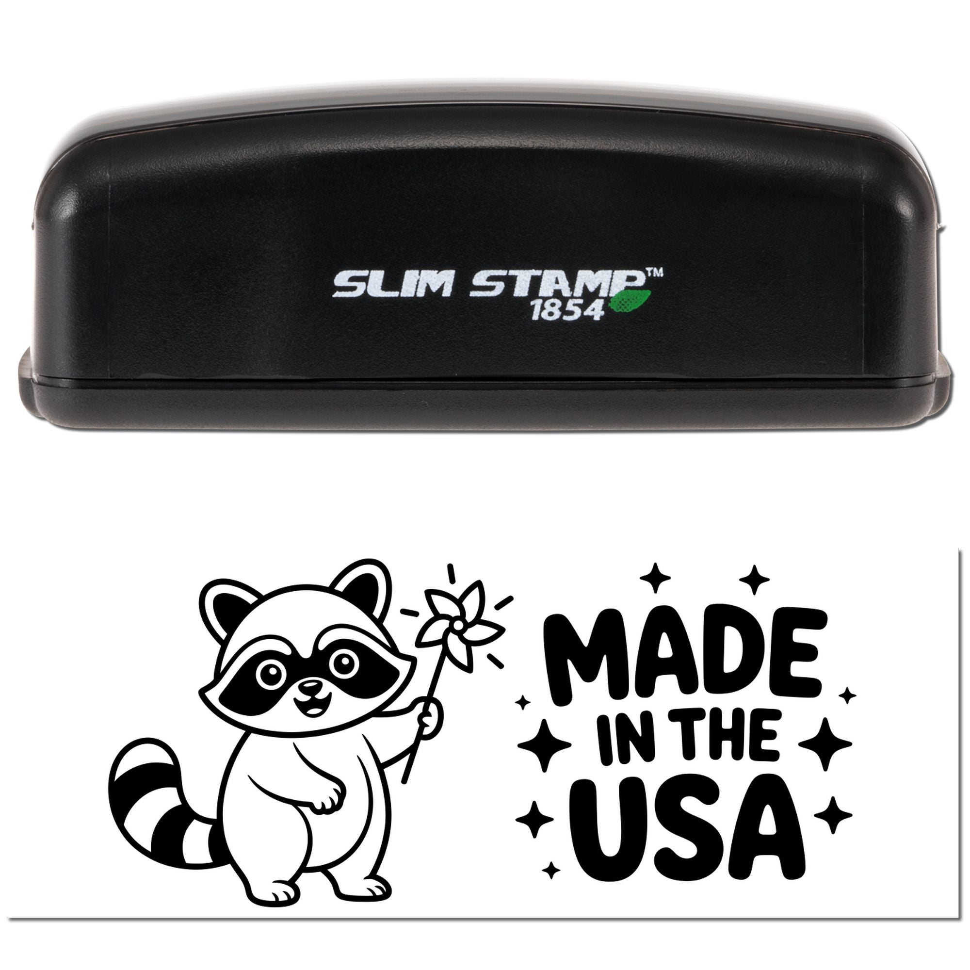 Slim Stamp 1854 self-inking rubber stamp featuring raccoon Made in the USA design for custom branding.