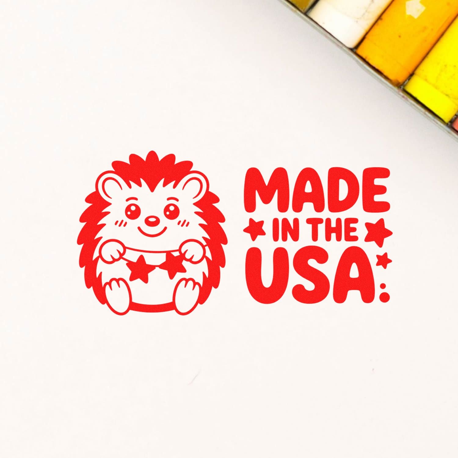 Made in the USA rubber stamp design featuring a cute hedgehog, ideal for handmade packaging and patriotic branding.