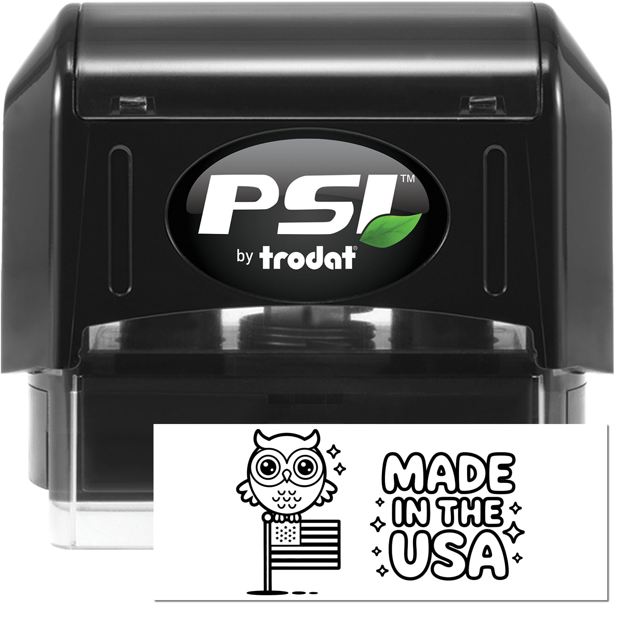 PSI by Trodat self-inking rubber stamp with custom Made in the USA owl design for patriotic branding.