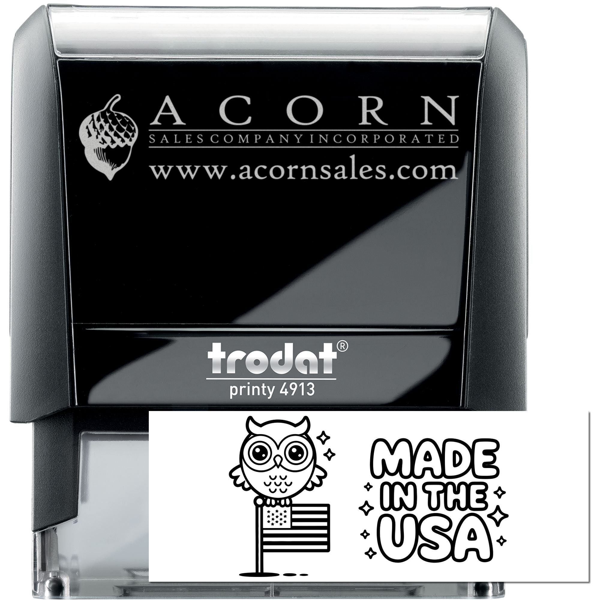 Custom self-inking rubber stamp, Trodat Printy 4913, featuring Acorn Sales logo and Made in USA design for business branding.