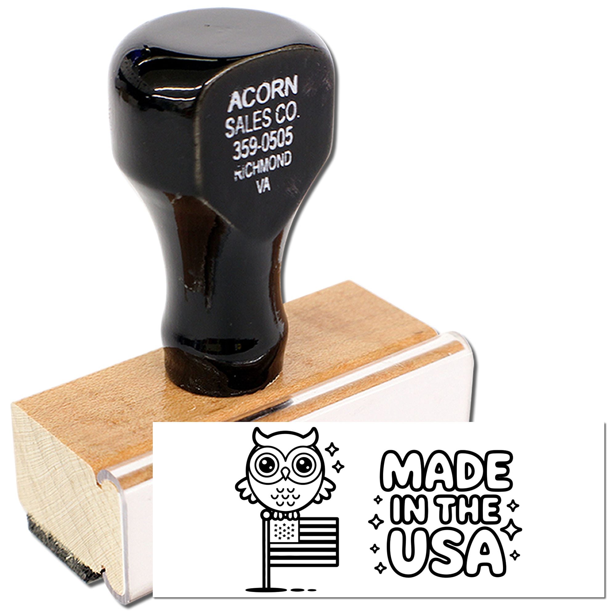 Custom rubber stamp with owl and Made in the USA design for business branding, packaging, and handmade product labeling.