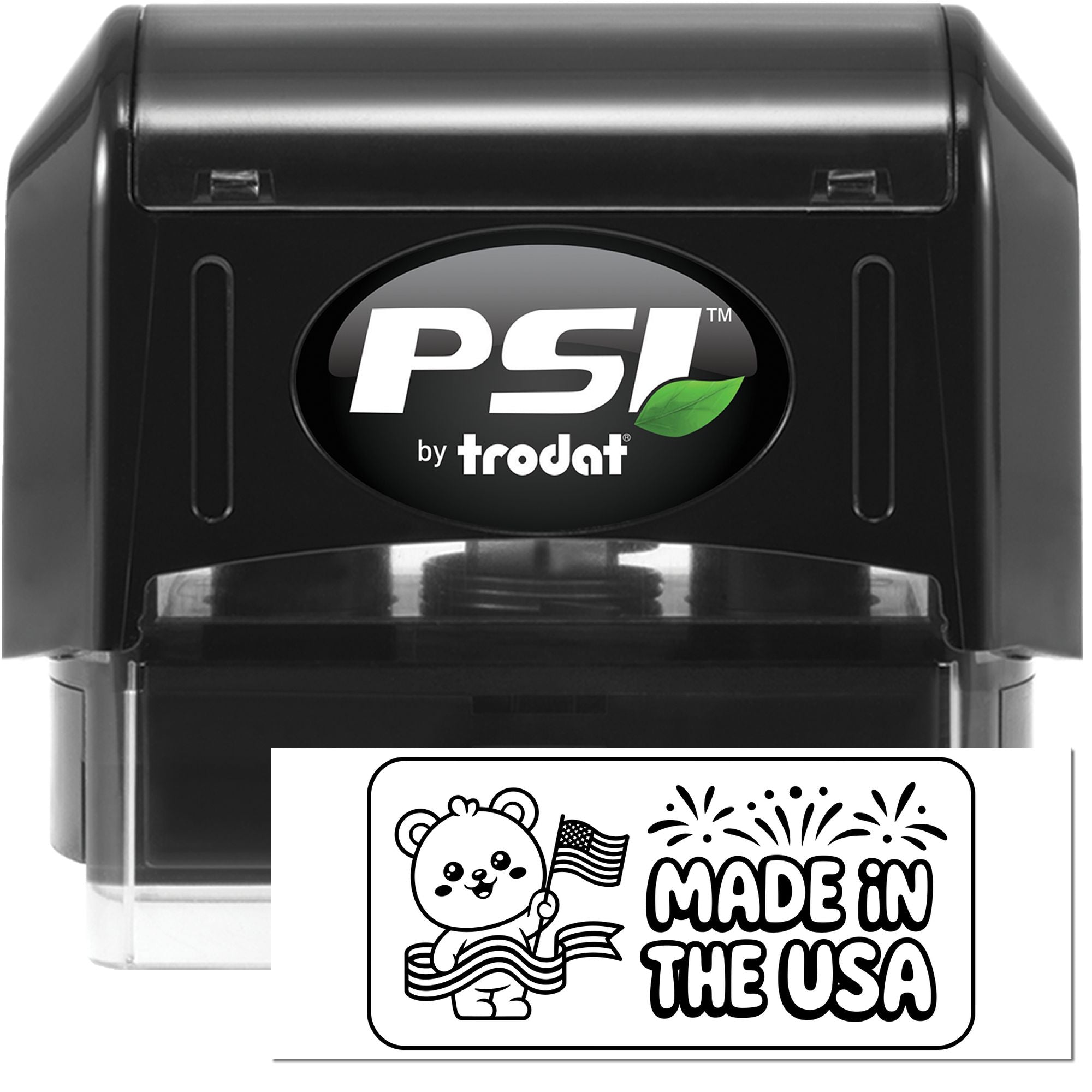 PSI by Trodat self-inking rubber stamp with custom Made in the USA design for branding packaging and patriotic products