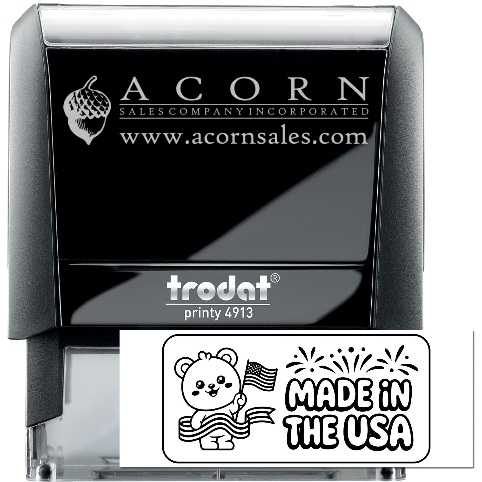 Custom Trodat Printy 4913 self-inking rubber stamp with Acorn Sales Company logo and website, plus Made in the USA graphic.