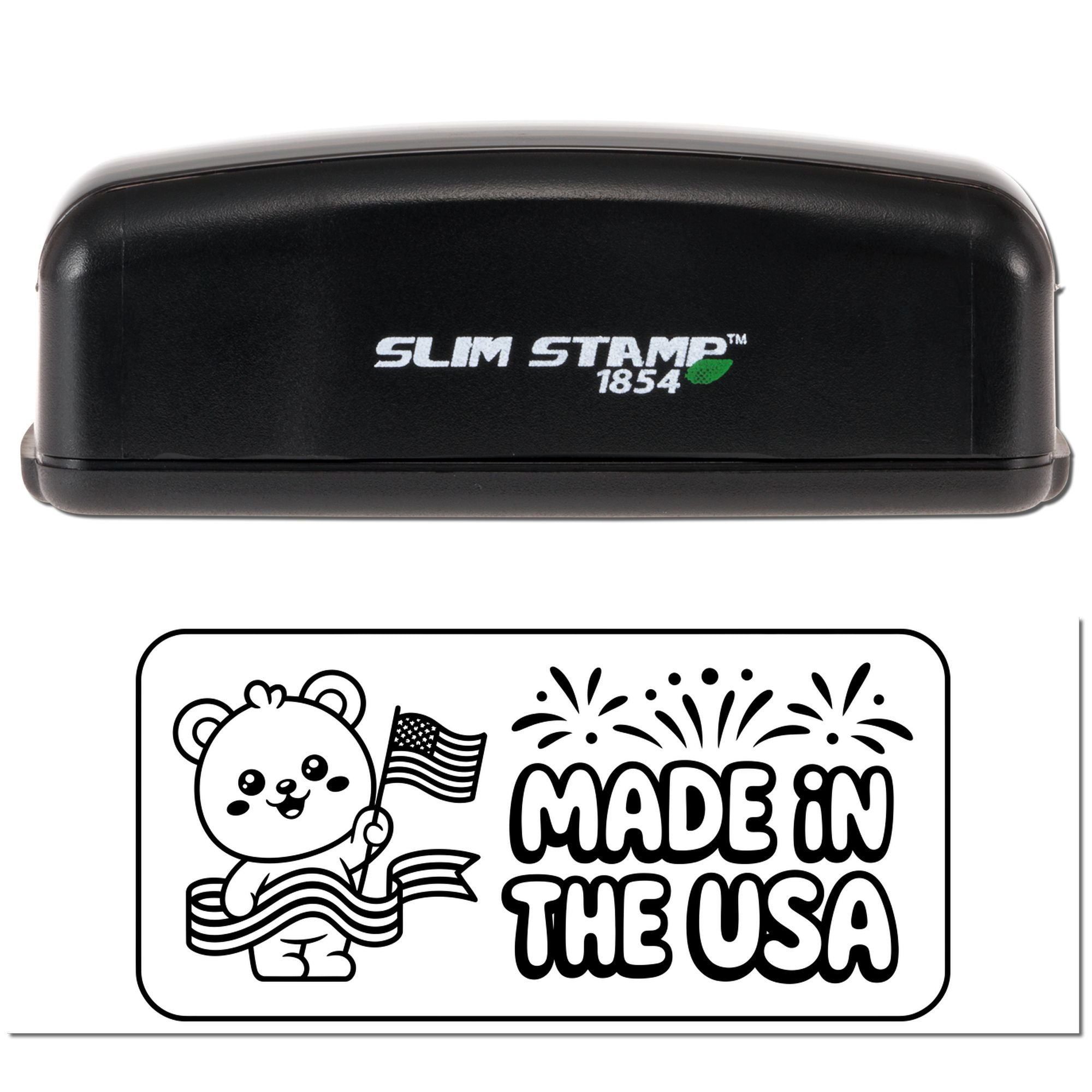 Slim Stamp custom rubber stamp with Made in the USA bear design for patriotic product packaging.