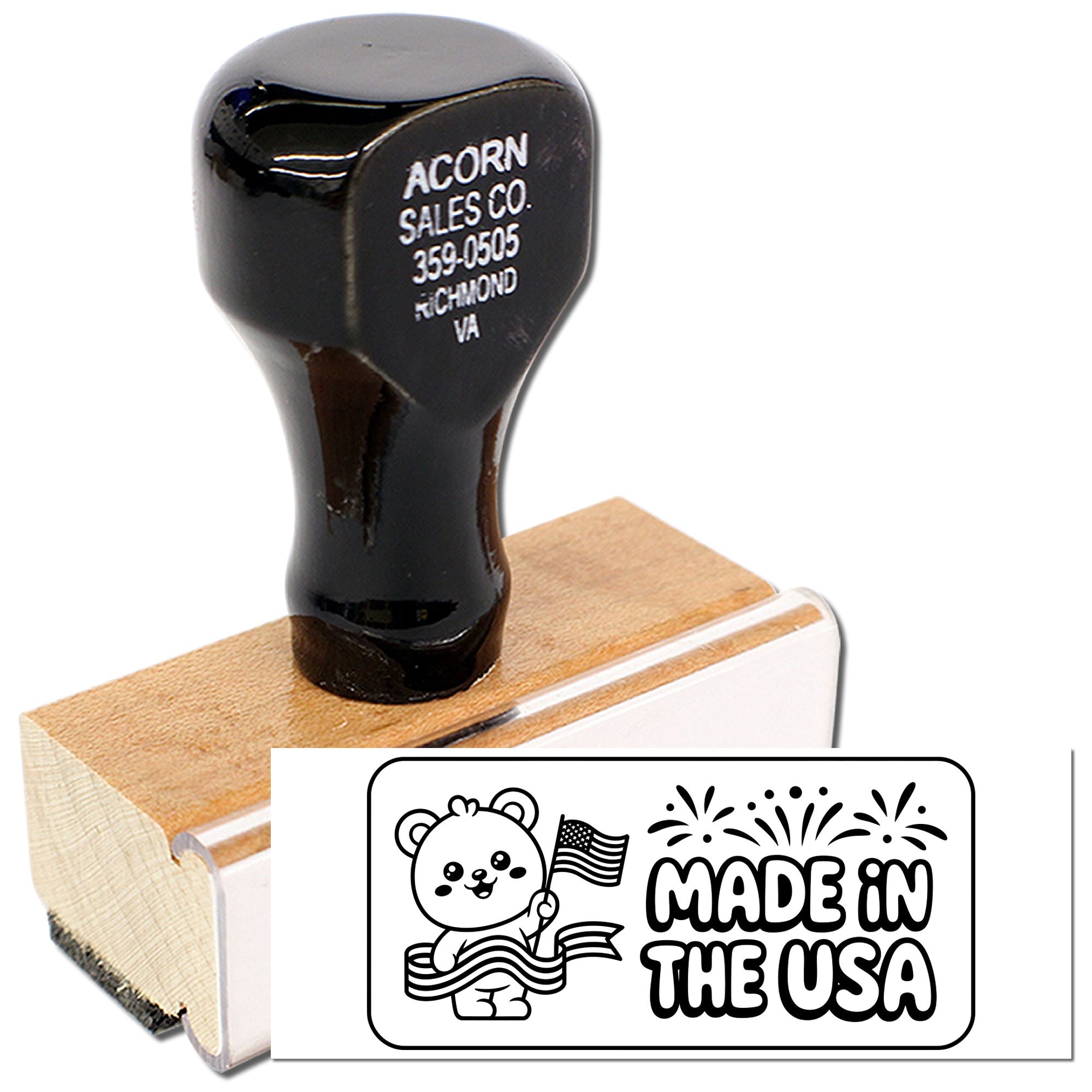 Personalized rubber stamp with wooden handle, featuring a Made in the USA design for branding and packaging.