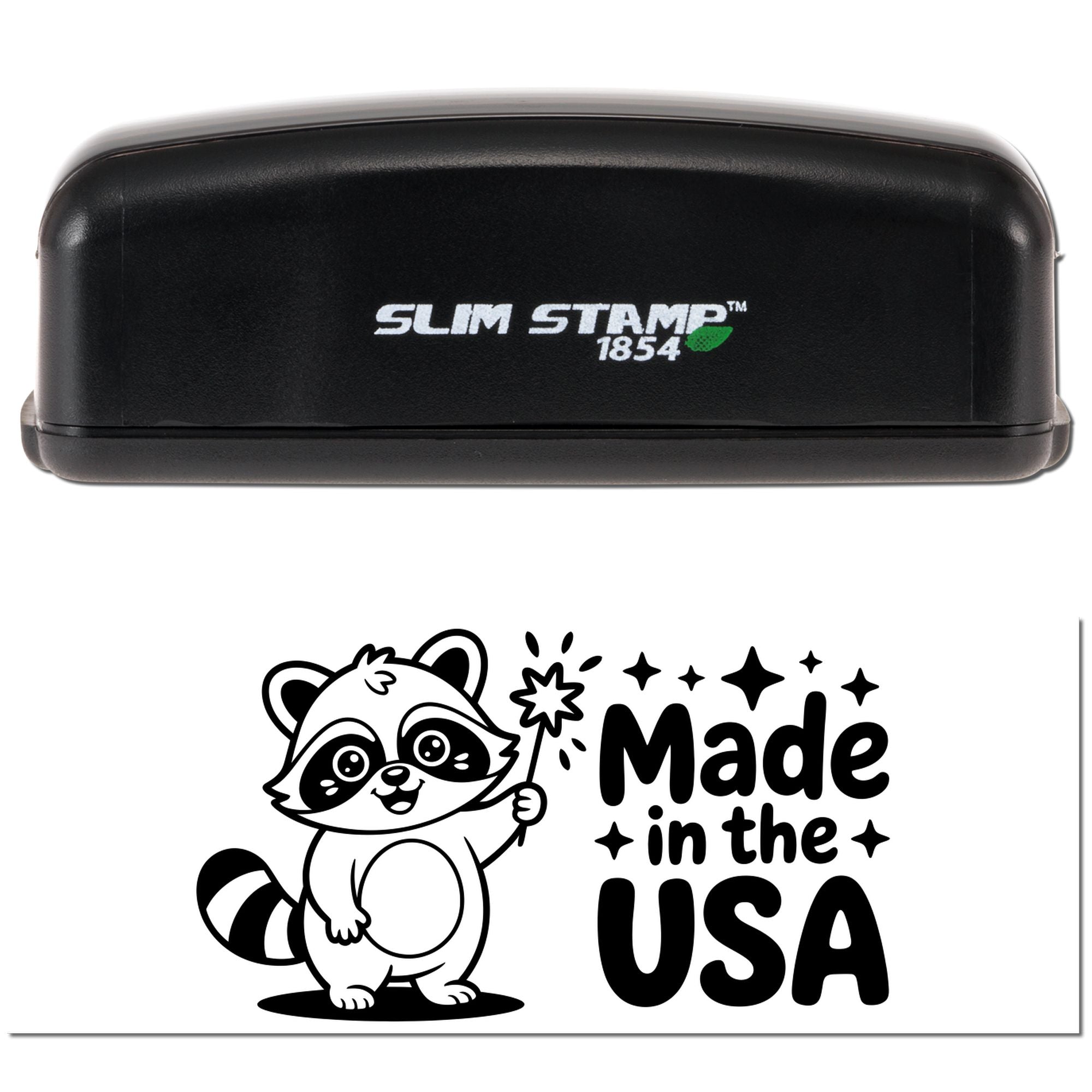 Slim Stamp 1854 self-inking rubber stamp with raccoon Made in the USA design.