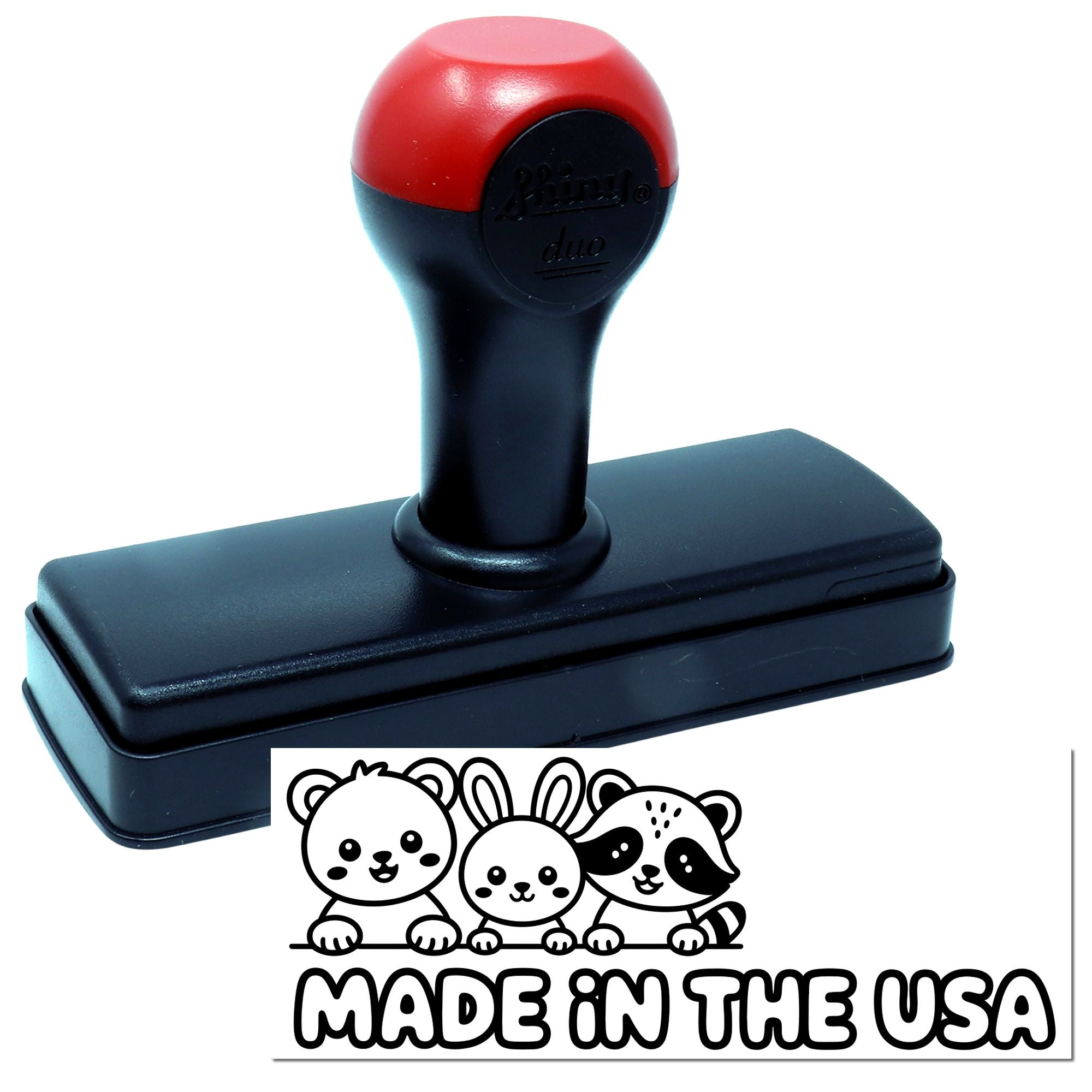 Self-inking rubber stamp with cute animal logo and Made in the USA imprint for custom branding.