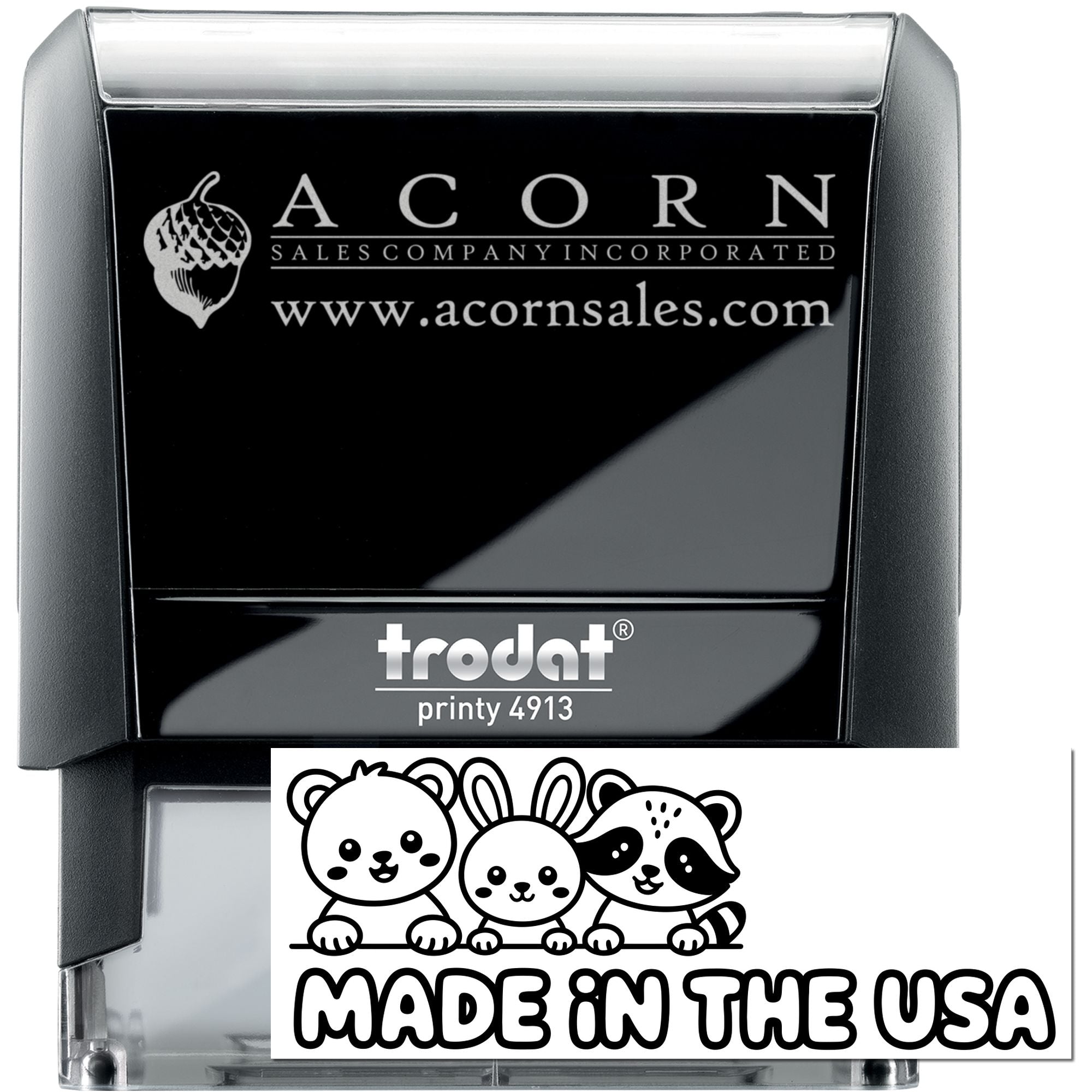 Custom self-inking rubber stamp, Trodat Printy 4913, with Acorn Sales logo and Made in the USA sample design.