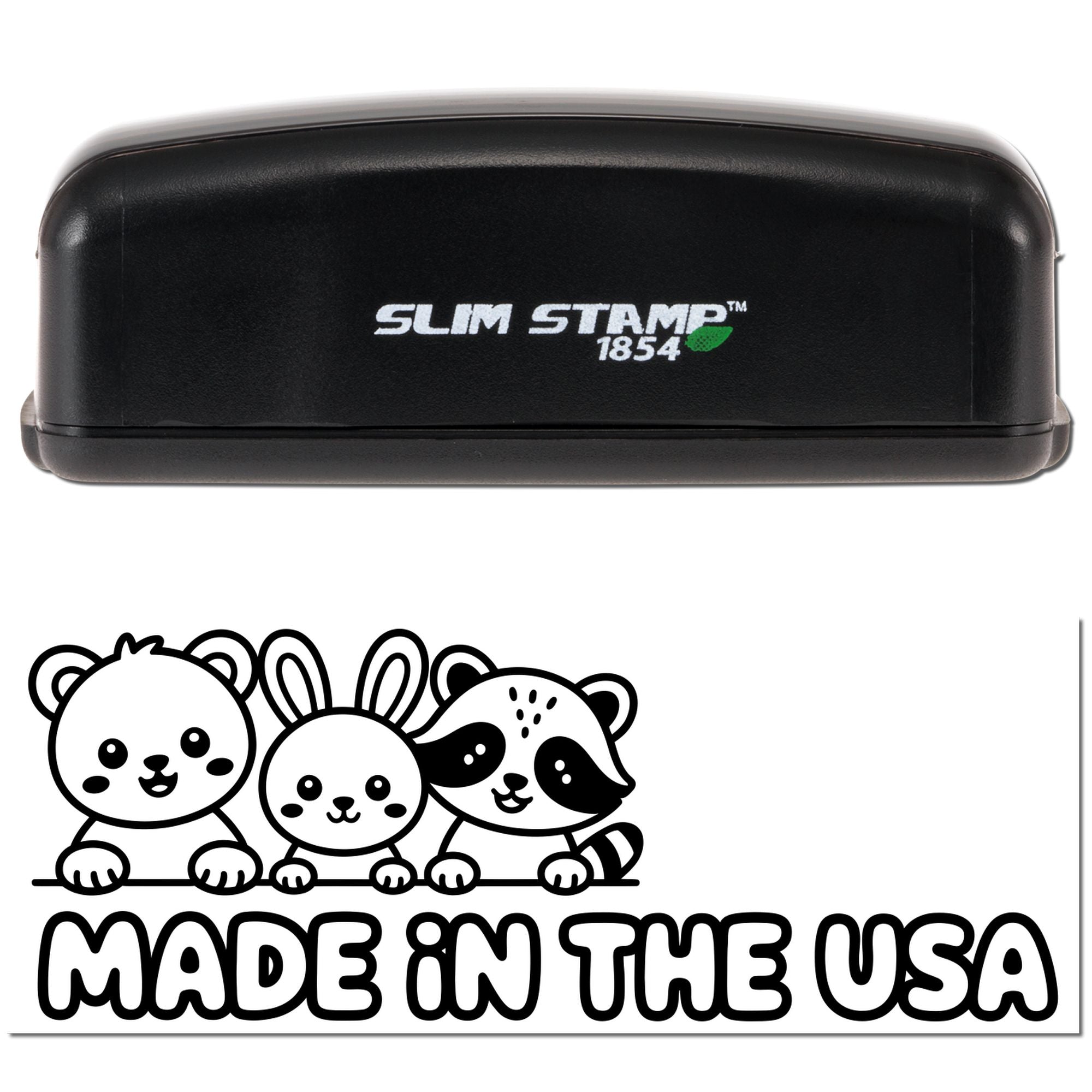 Slim Stamp 1854 self-inking rubber stamp featuring a cute Made in the USA animal design for custom branding.