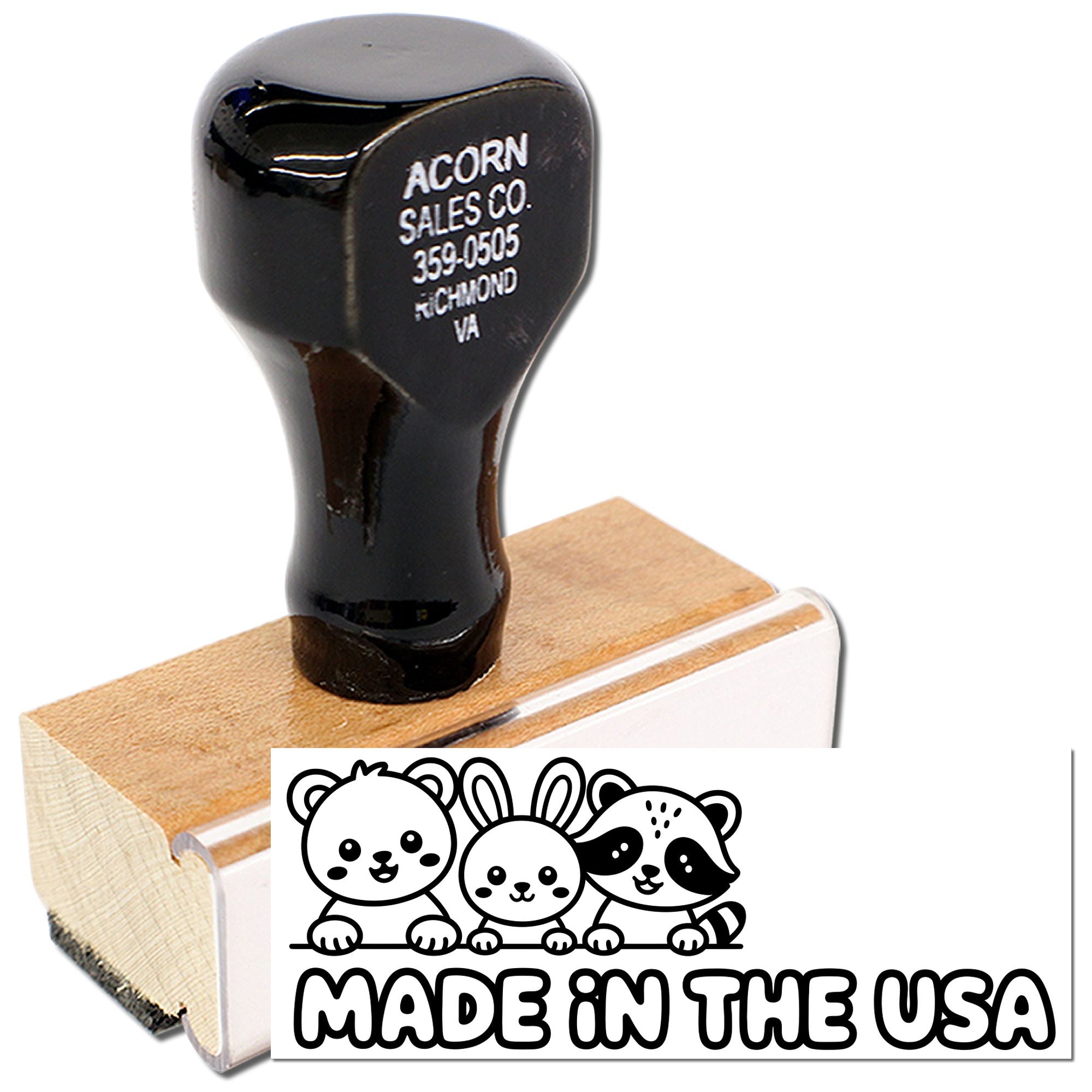 Custom rubber stamp with cute animal design and Made in the USA text for handmade packaging and craft branding.