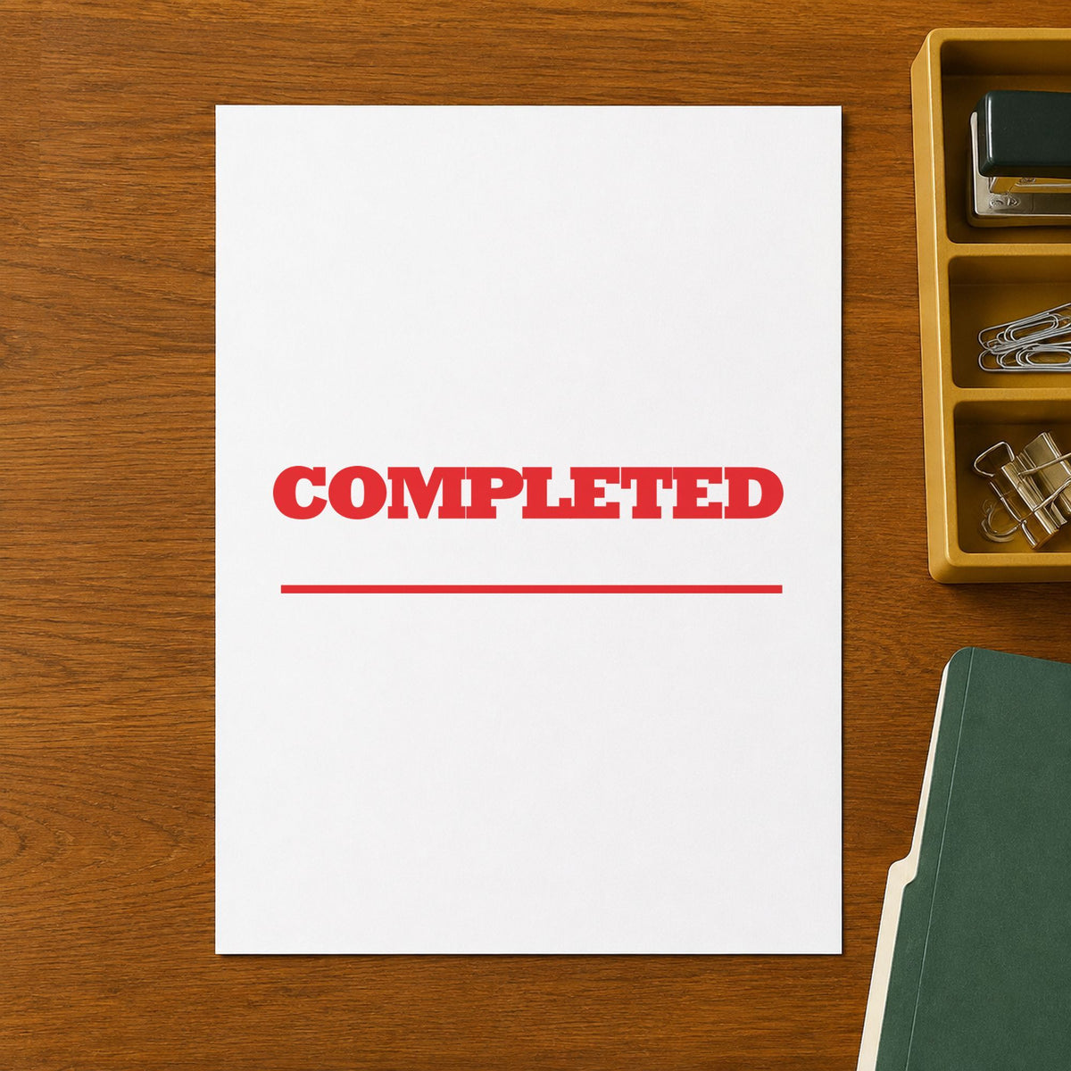Crisp "Completed" imprint produced by the Completed Stamp – Red Pre-Inked Xstamper