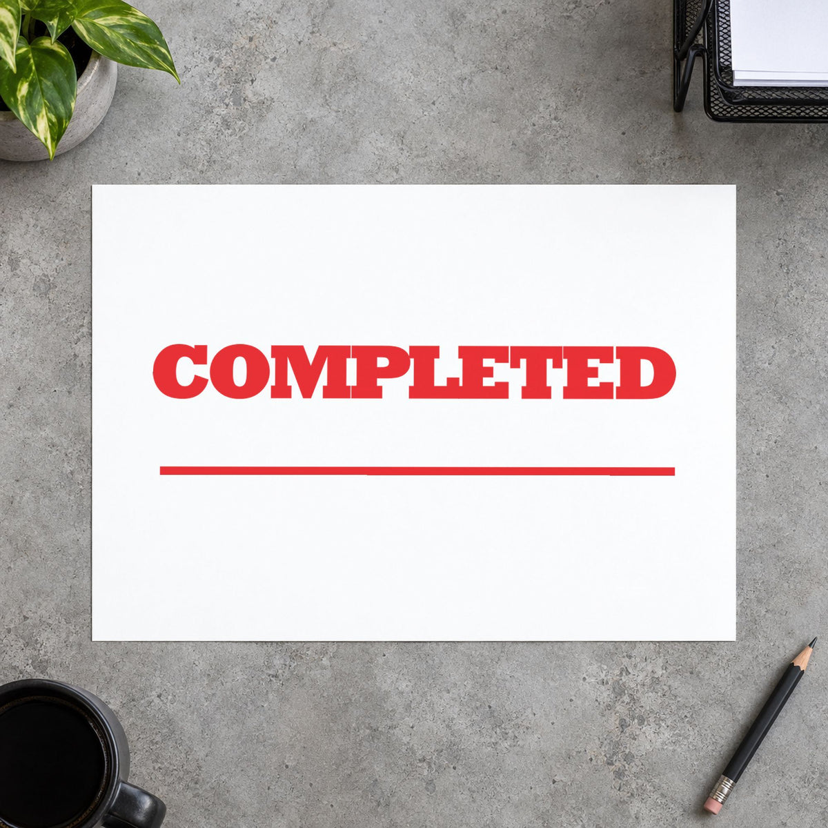 "Completed" imprint at 1/2 x 1-5/8 in, no separate ink pad required