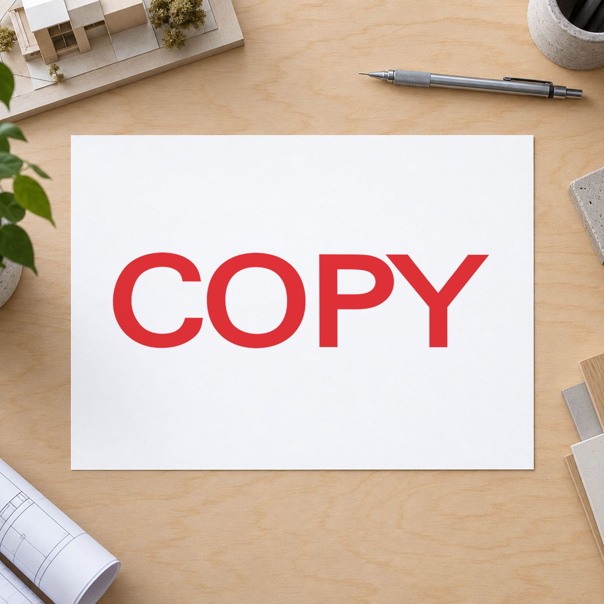 "Copy" impression shown close up, rectangular imprint at 1/2 x 1-5/8 in