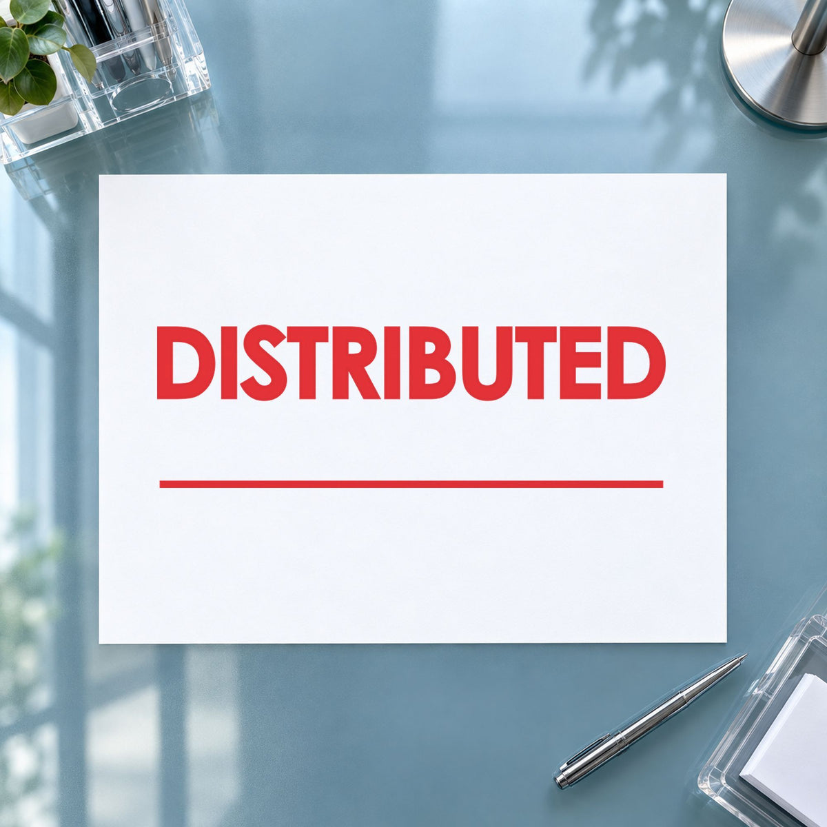 "Distributed" imprint from fixed stock wording, no customization needed