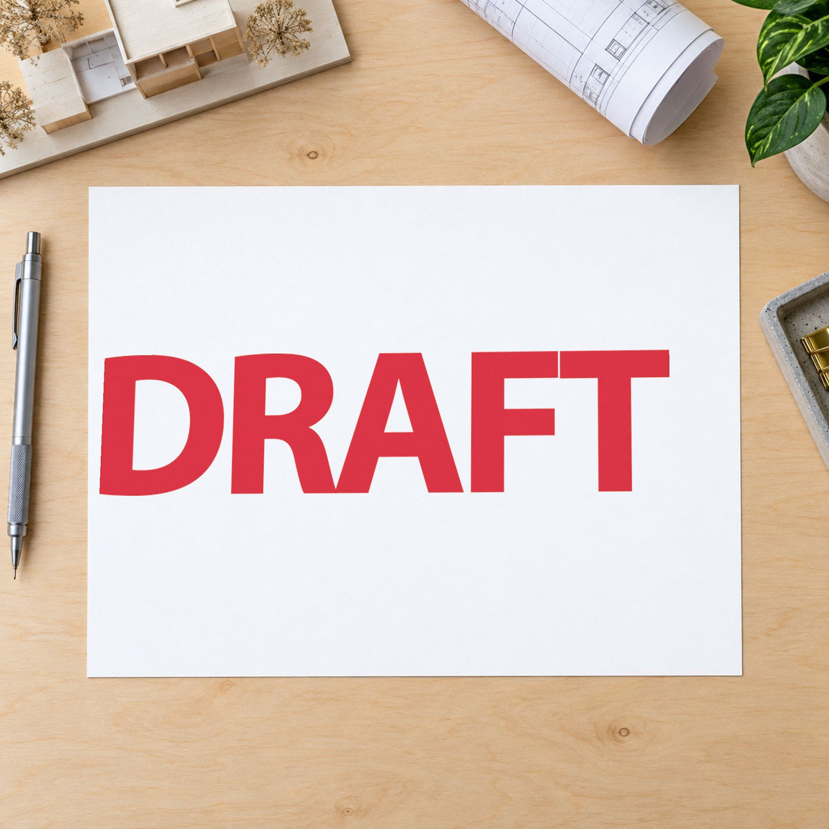 "Draft" imprint at 1-5/8 x 1/2 in, no separate ink pad required