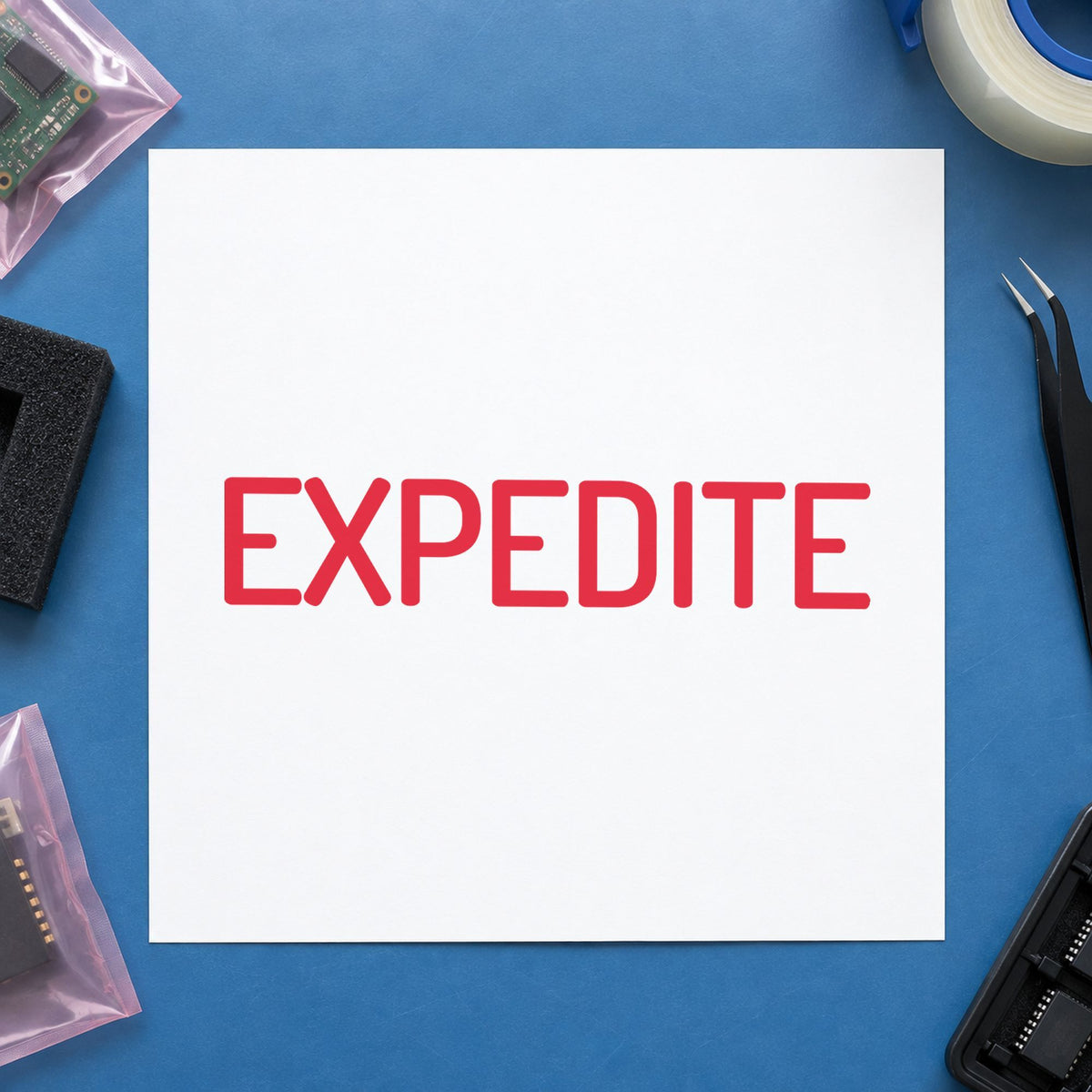 "Expedite" impression shown close up, rectangular imprint at 1/2 x 1-5/8 in