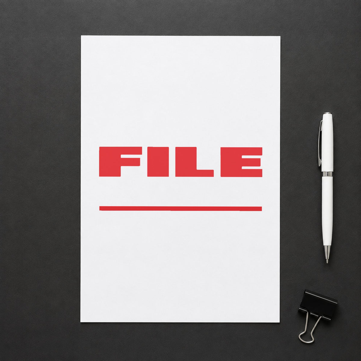 "File" imprint at 1-5/8 x 1/2 in, no separate ink pad required