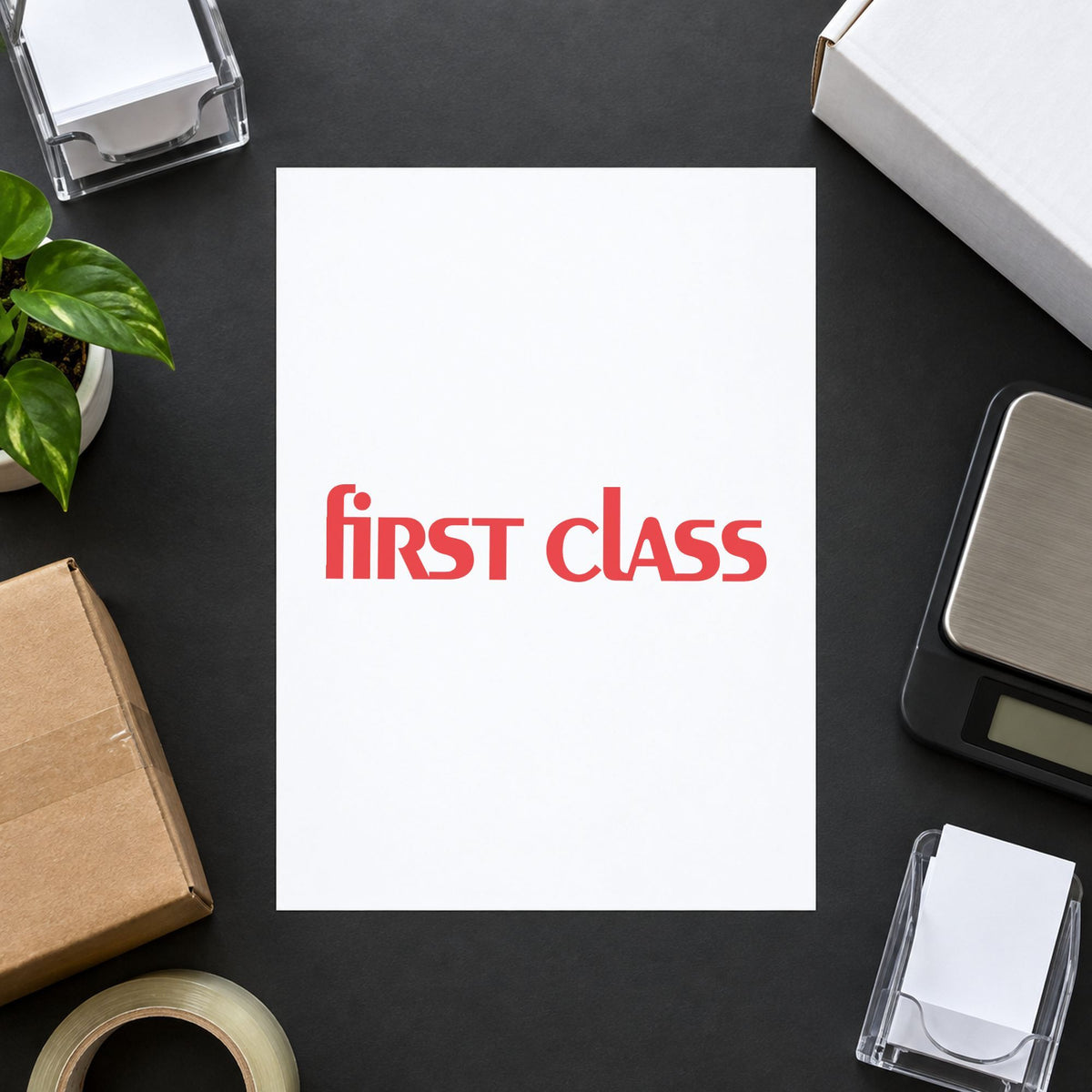 "First class" imprint stamped on a document with the Bold Red First Class Stamp