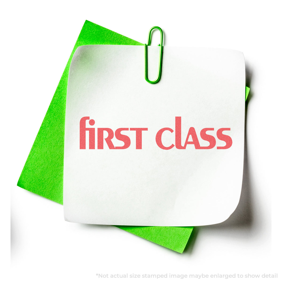 "First class" stamp impression on light paper stock, Bold Red First Class Stamp