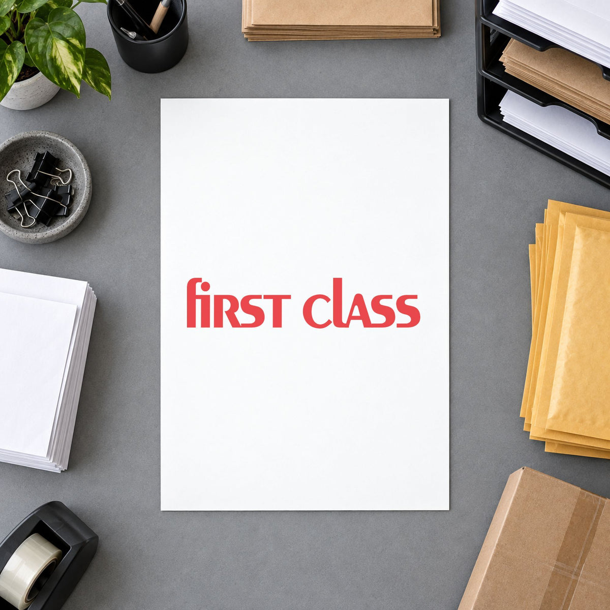 "First class" stamp impression made with pre-inked Xstamper 1332