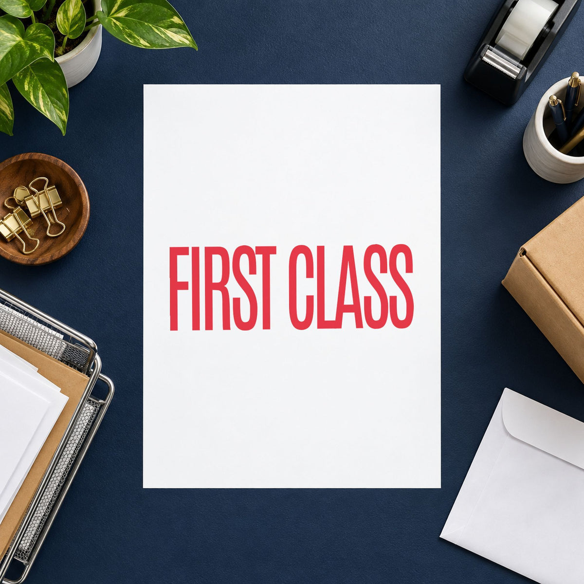 "First class" imprint from fixed stock wording, no customization needed