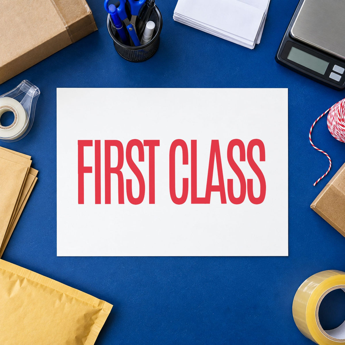 Crisp "First class" imprint produced by the Xstamper First Class Envelope Stamp – Red Pre-Inked