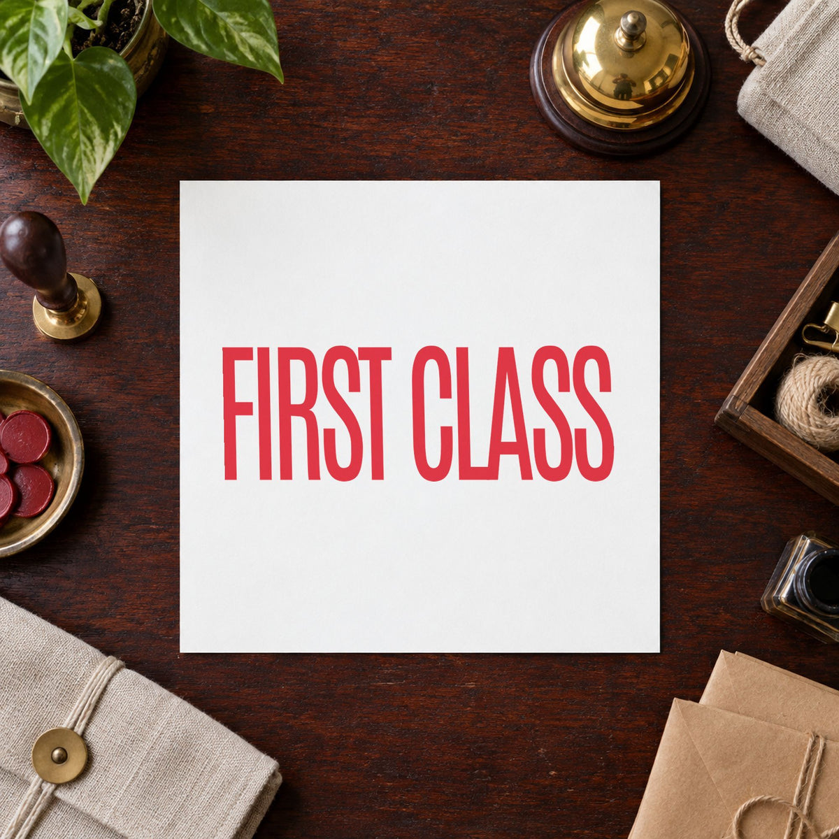 Xstamper First Class Envelope Stamp – Red Pre-Inked leaving a clean "First class" impression