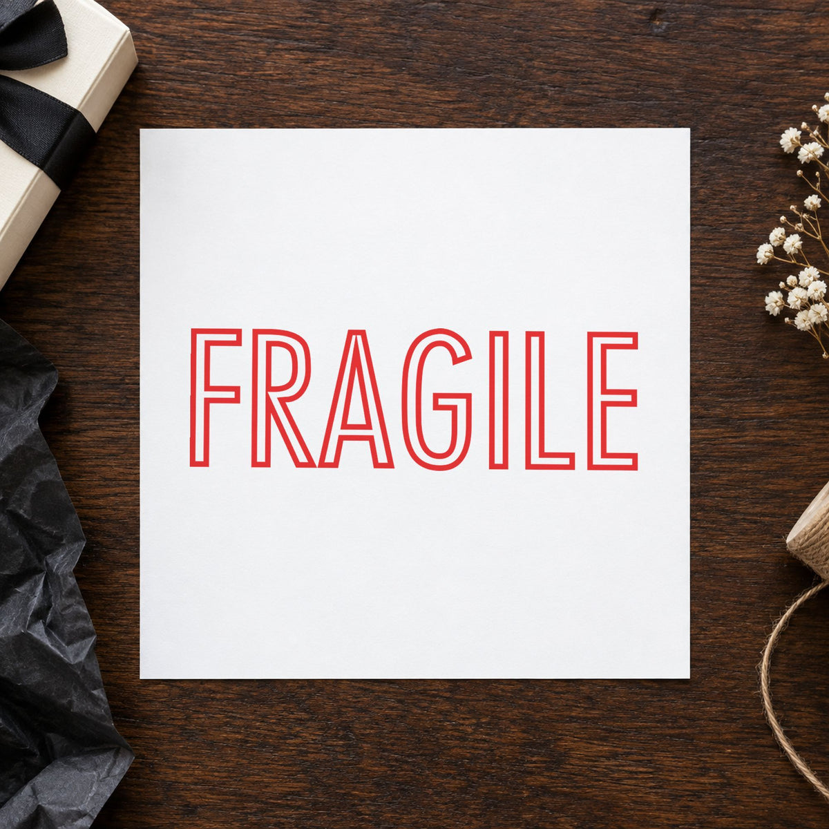 Crisp "Fragile" imprint produced by the Xstamper Fragile Mailing Stamp – Red Pre-Inked