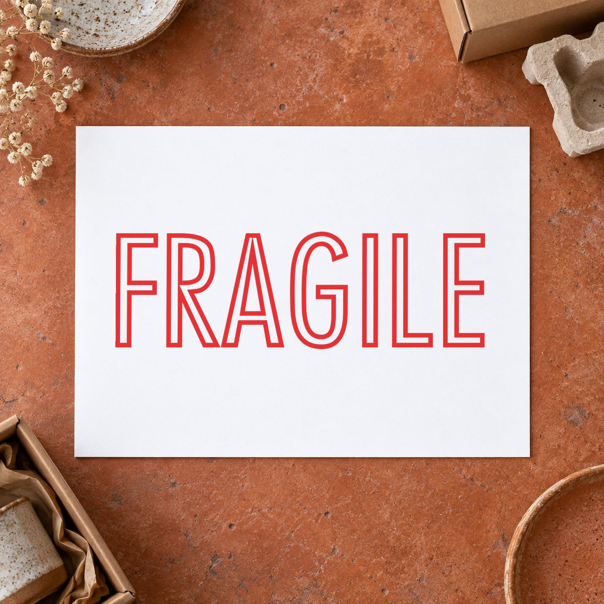 "Fragile" imprint at 1-5/8 x 1/2 in, no separate ink pad required