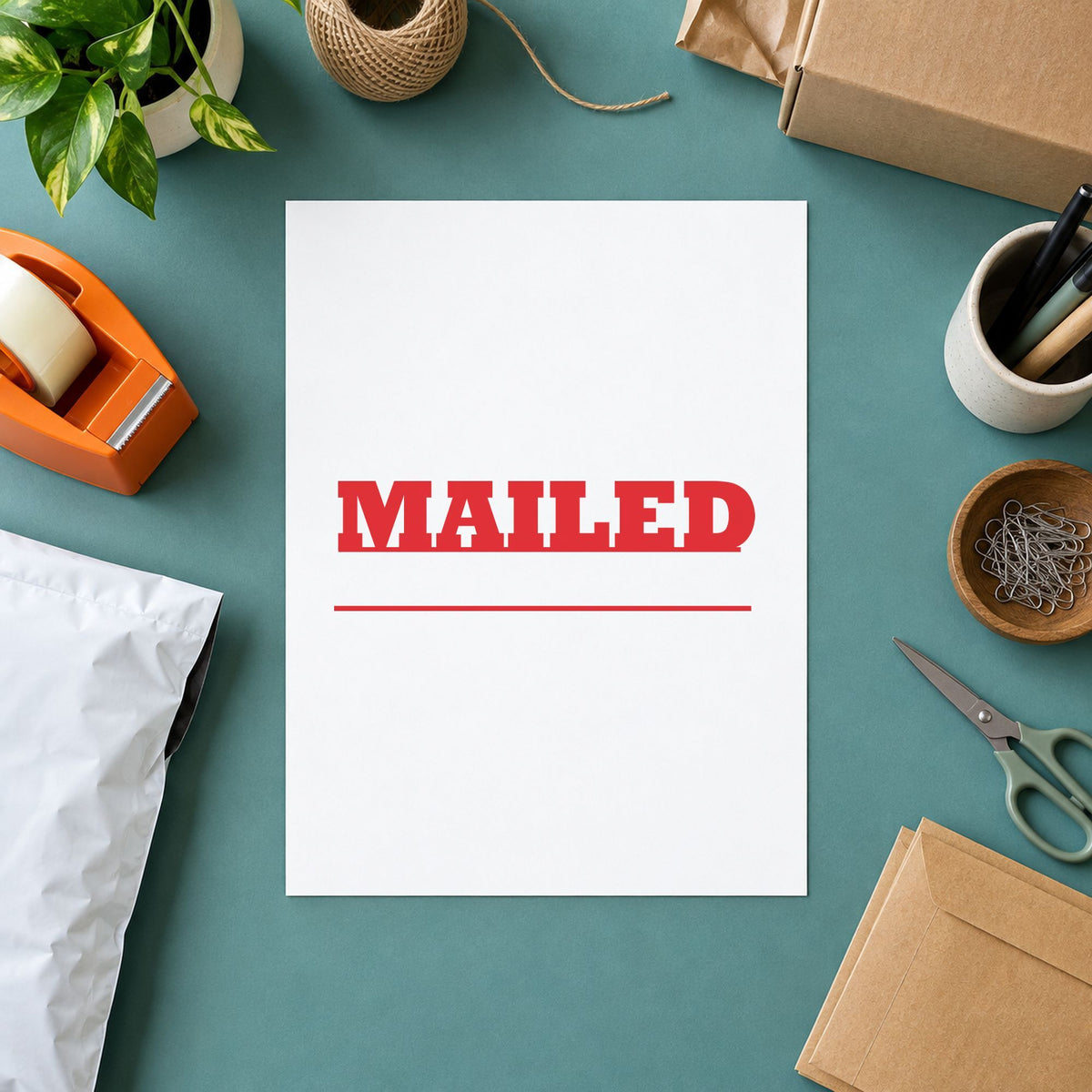 "Mailed" mark added to paperwork with a pre-inked Xstamper stamp