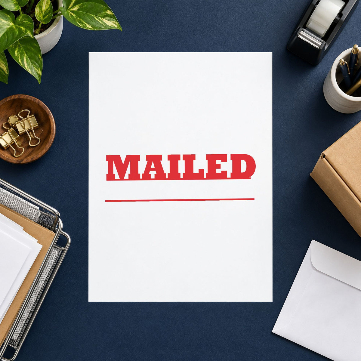 "Mailed" imprint at 1-5/8 x 1/2 in, no separate ink pad required