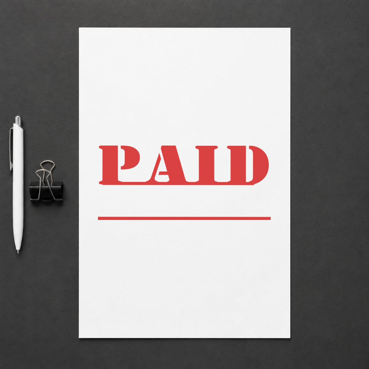 "Paid" imprint at 1-5/8 x 1/2 in, no separate ink pad required
