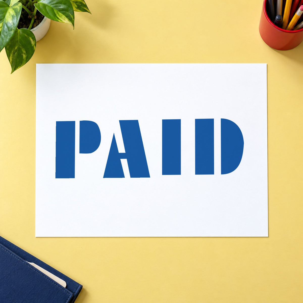 "Paid" imprint at 1/2 x 1-5/8 in, no separate ink pad required