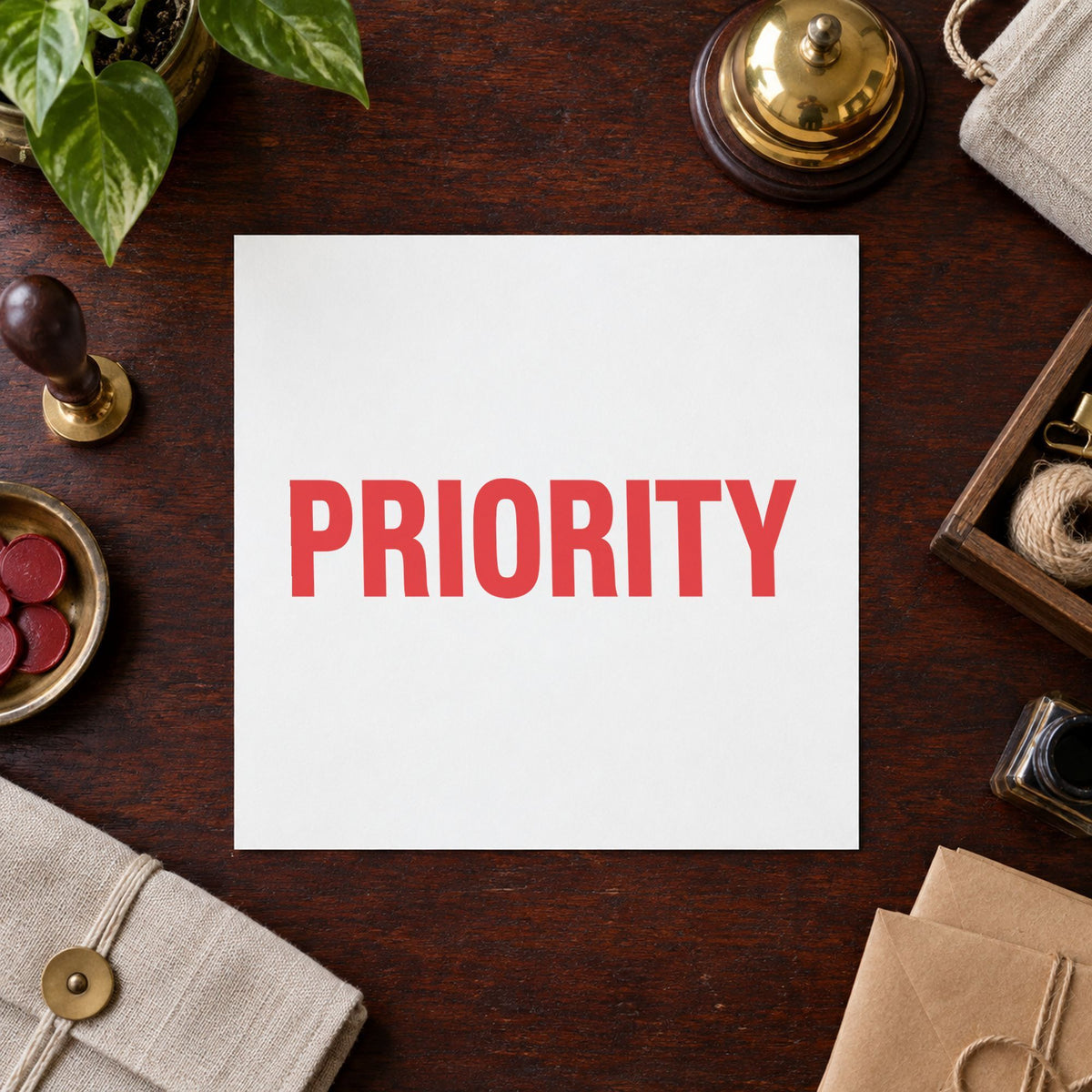 "Priority" imprint from fixed stock wording, no customization needed