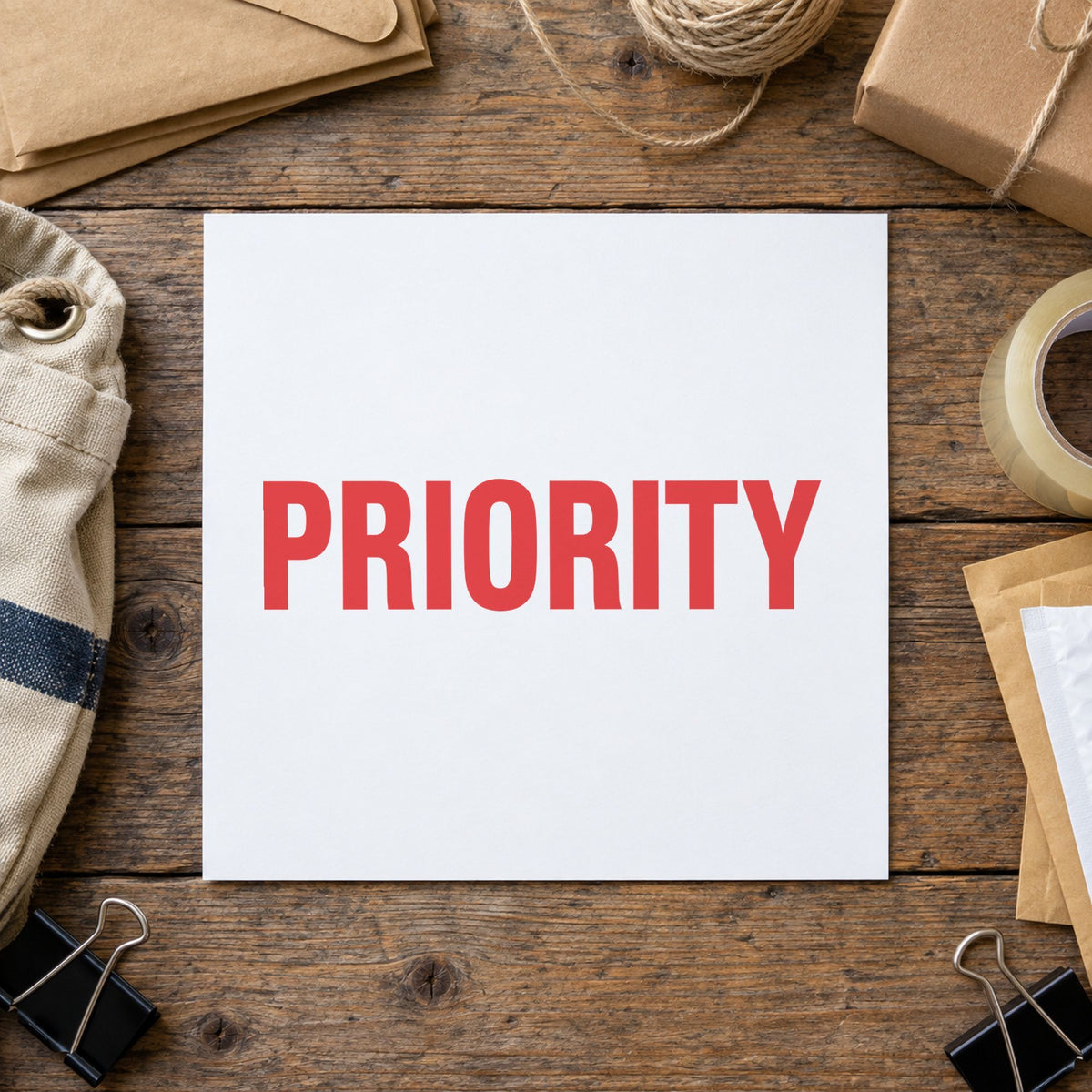 "Priority" impression shown close up, rectangular imprint at 1/2 x 1-5/8 in