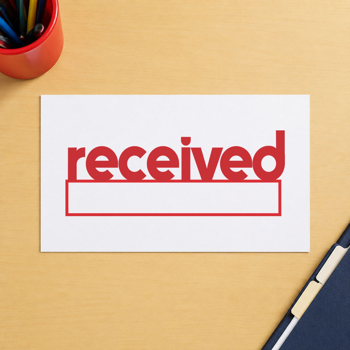 "Received" imprint at 1/2 x 1-5/8 in, no separate ink pad required