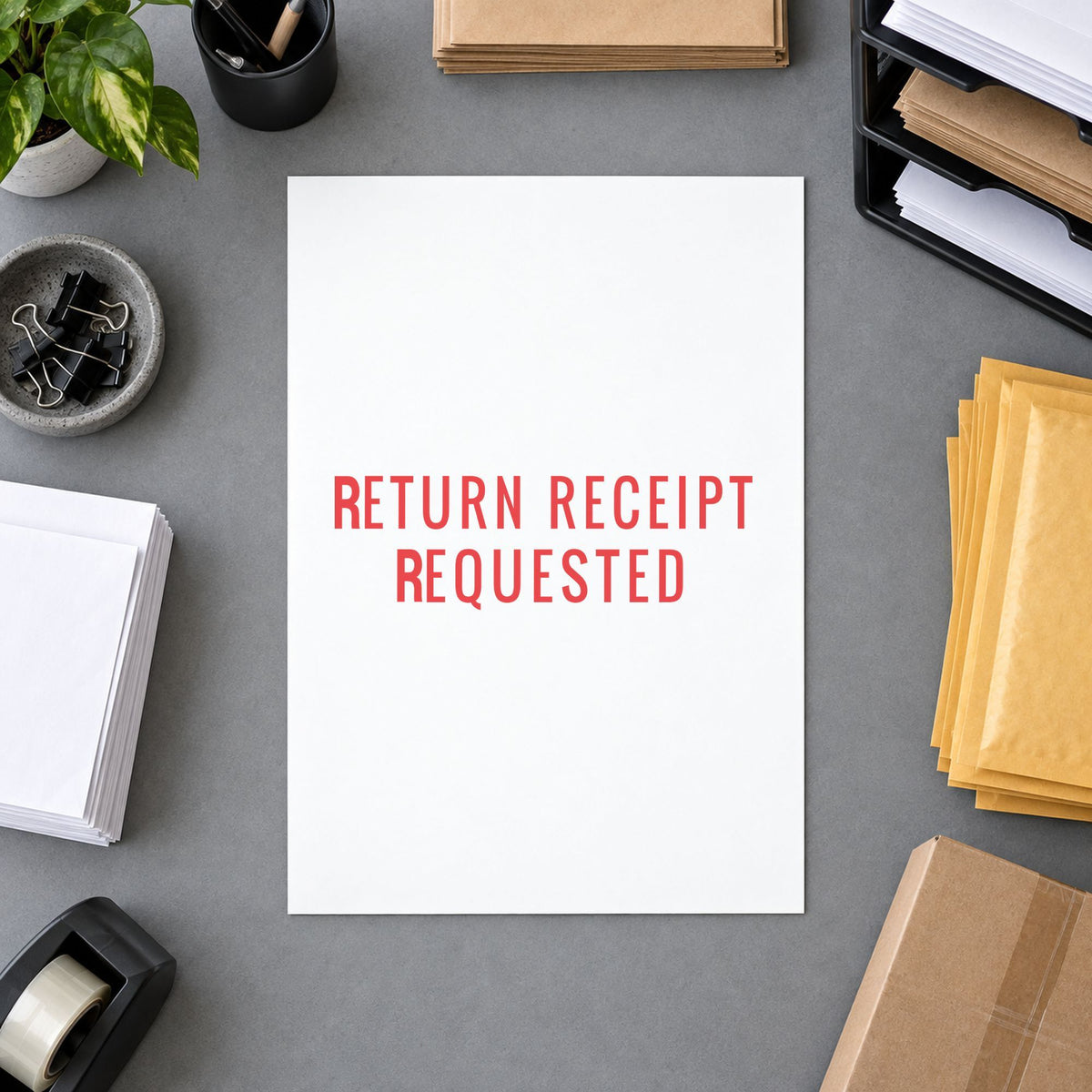"Return receipt requested" imprint stamped on a document with the Return Receipt Requested Stamp
