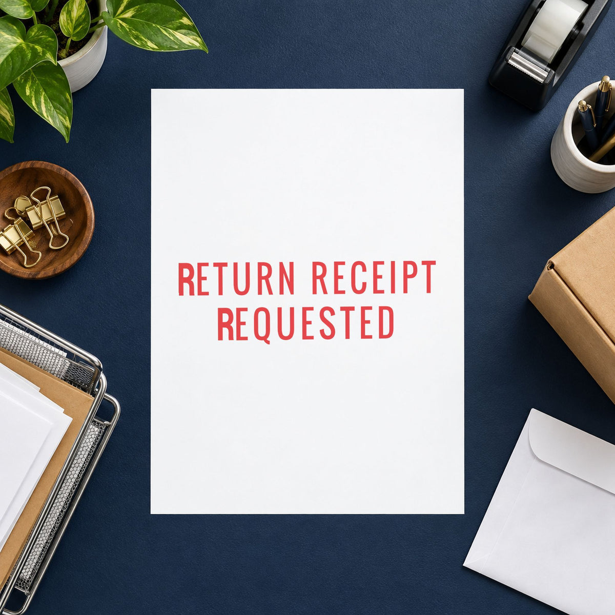 "Return receipt requested" impression shown close up, rectangular imprint at 1-5/8 x 1/2 in