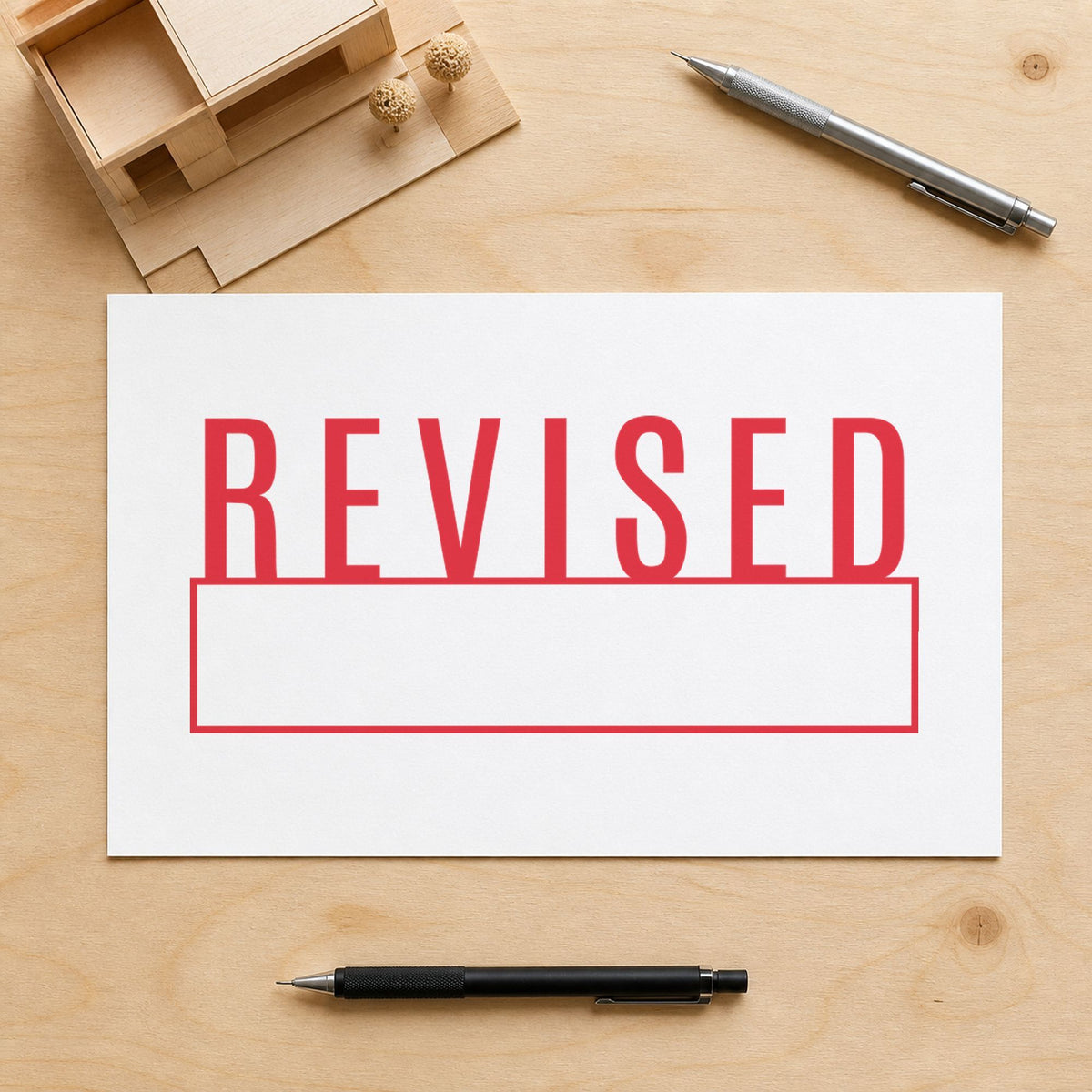 "Revised" imprint from fixed stock wording, no customization needed