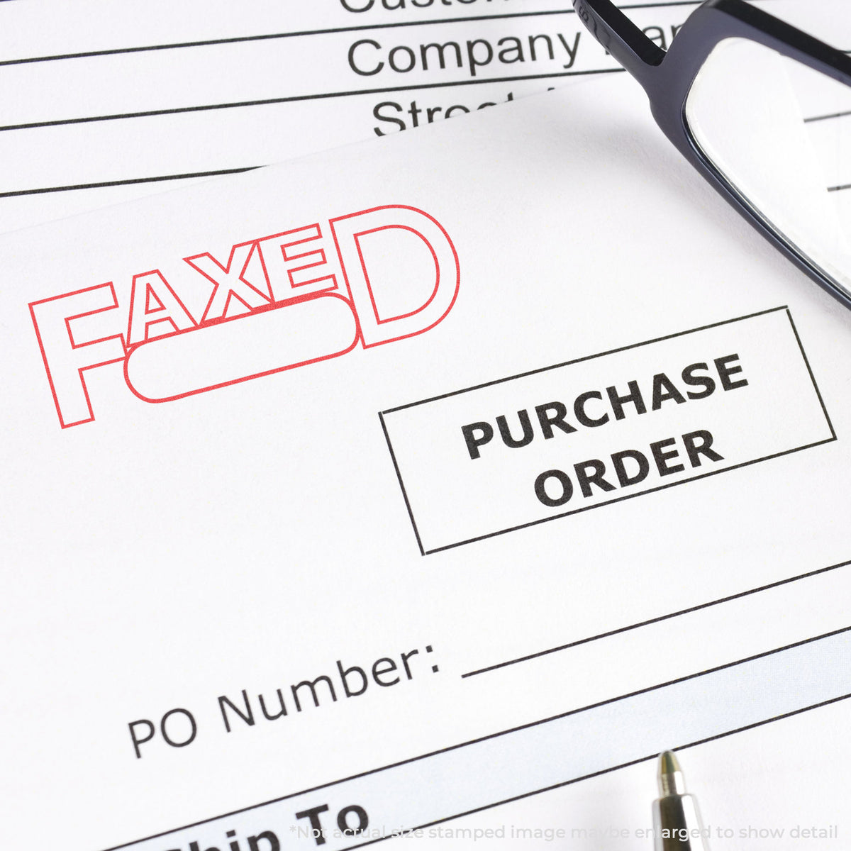 "Date faxed" mark stamped for document handling, Xstamper 1350 stamp